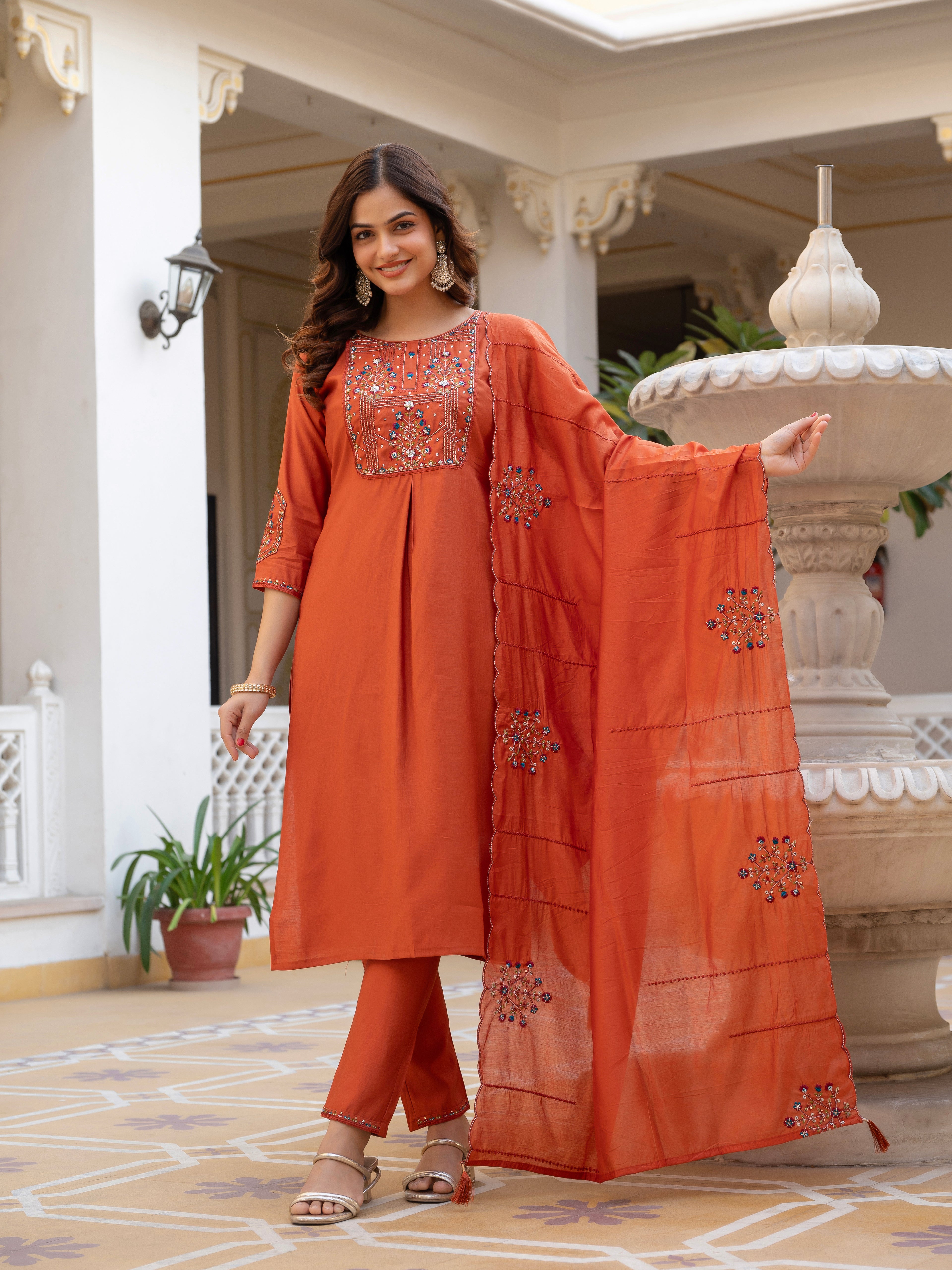 Elegant Straight Kurti Pant Dupatta Set of Rust