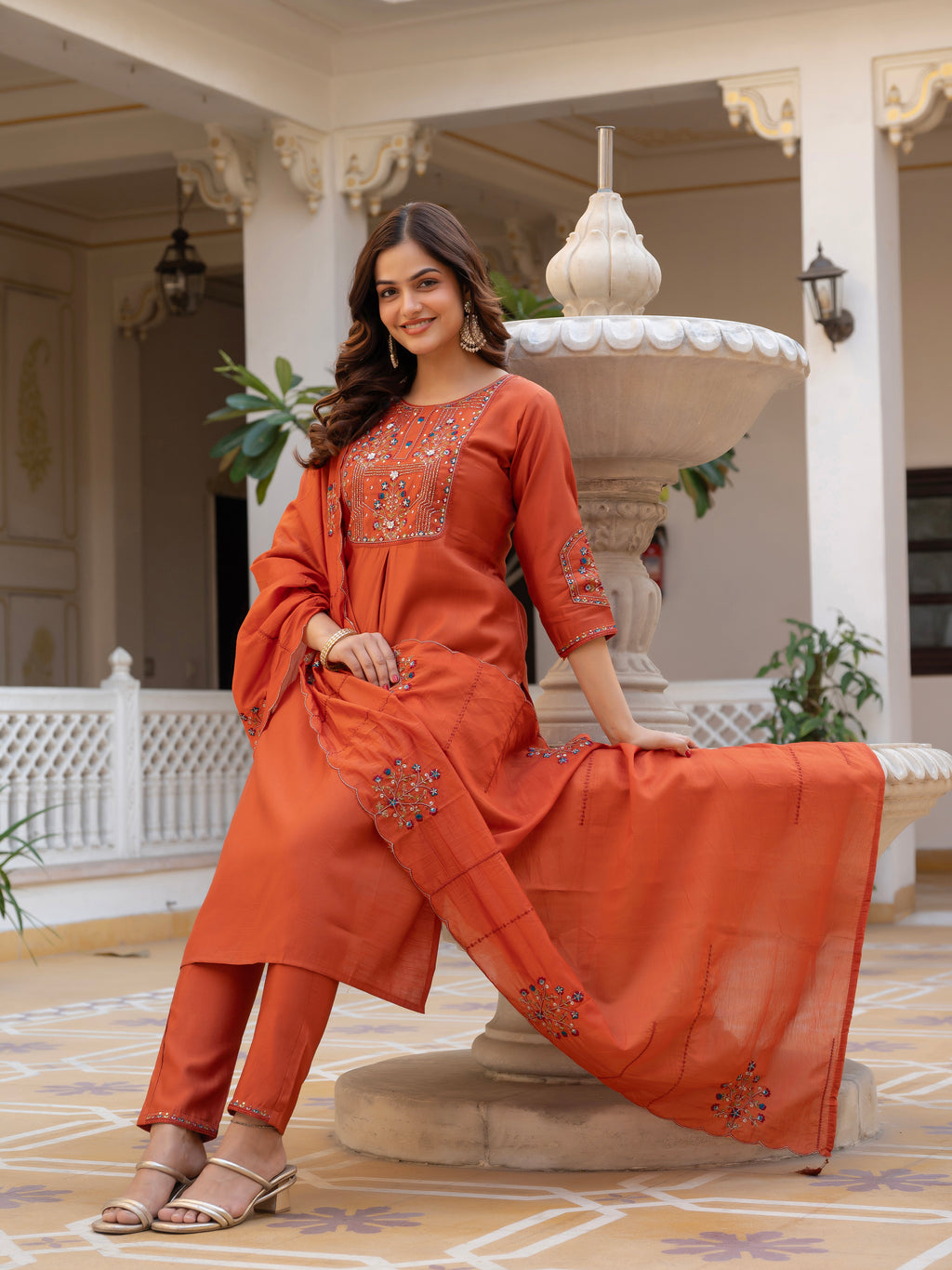 Elegant Straight Kurti Pant Dupatta Set of Rust
