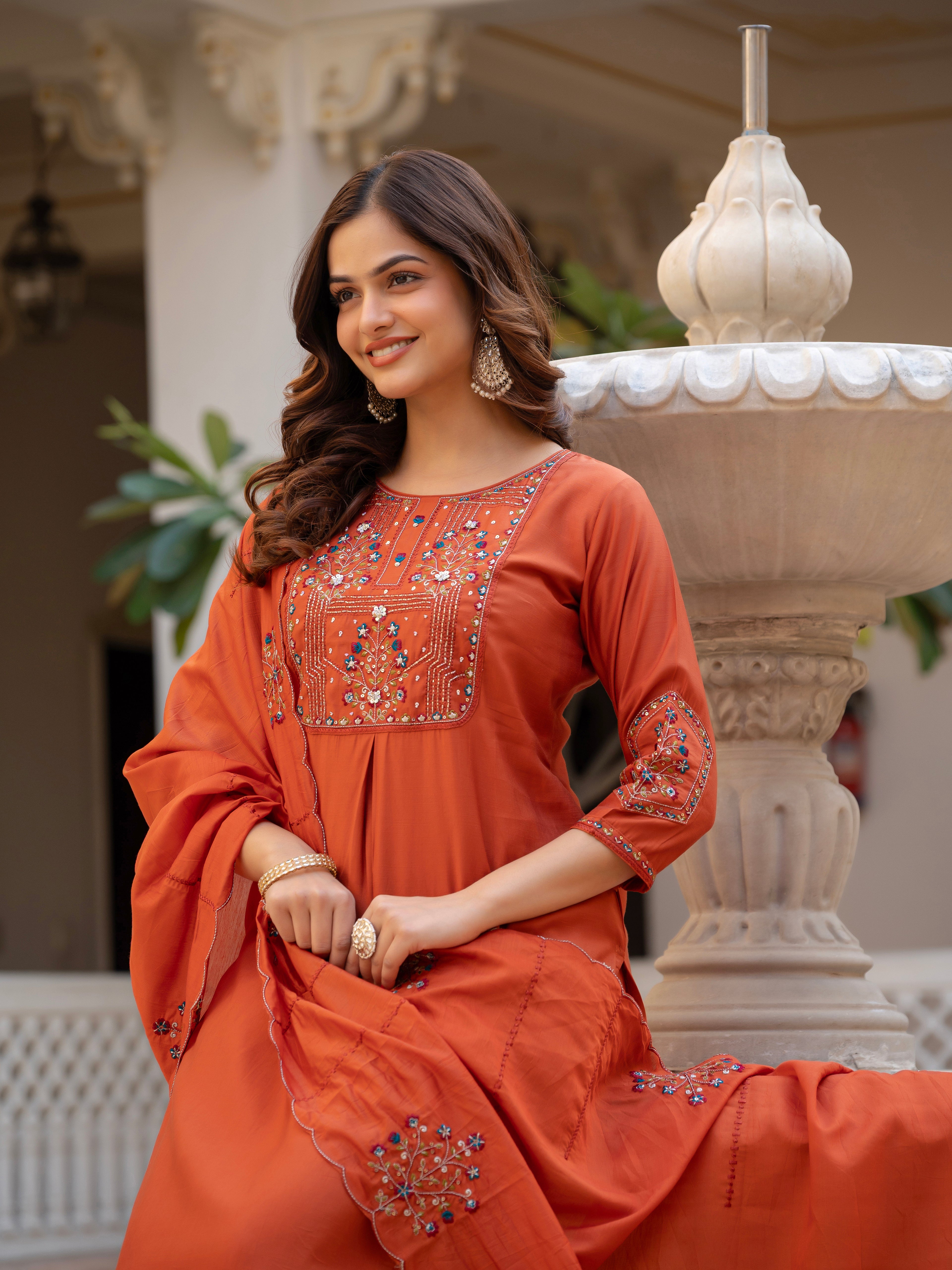 Elegant Straight Kurti Pant Dupatta Set of Rust