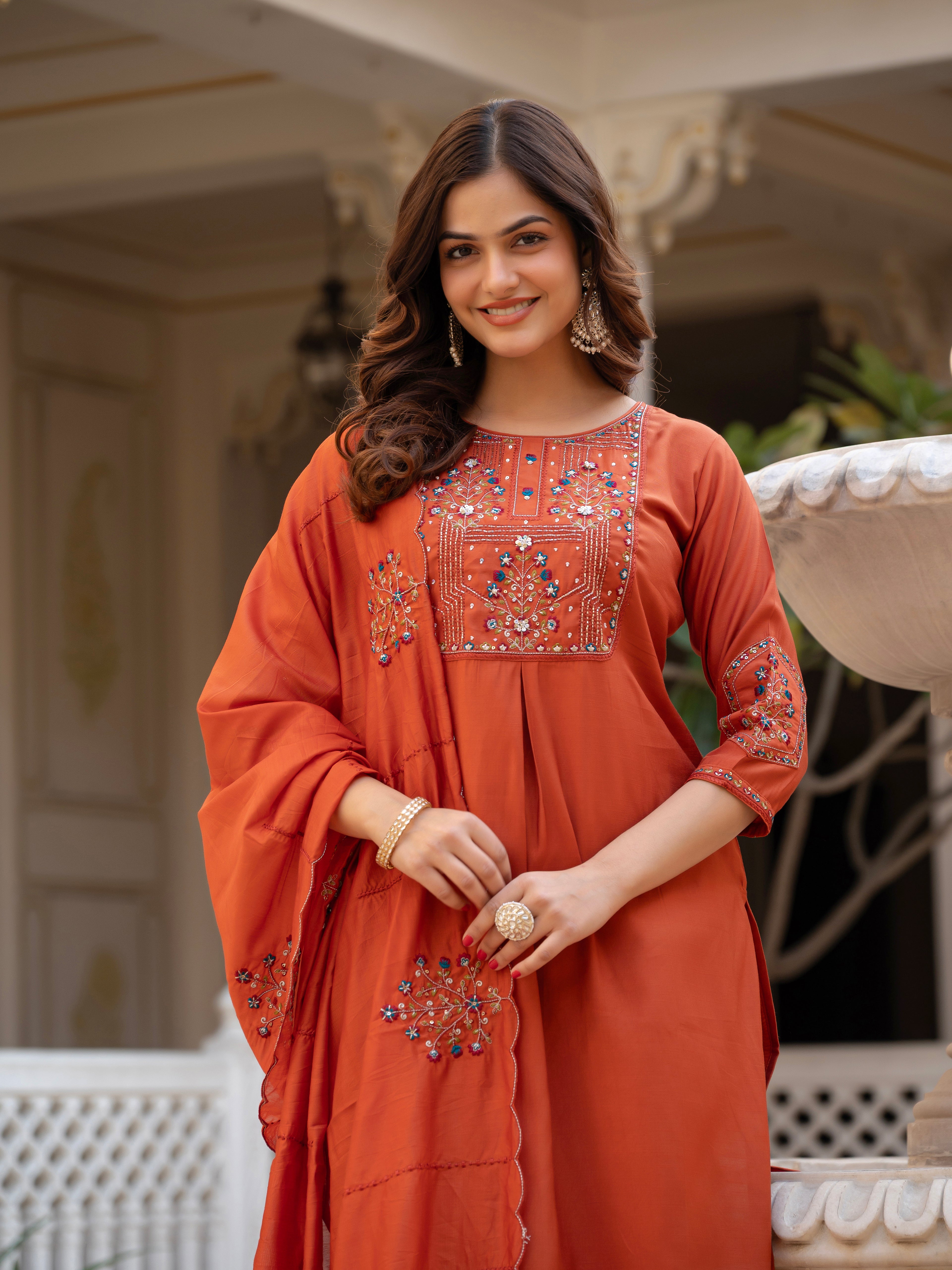 Elegant Straight Kurti Pant Dupatta Set of Rust