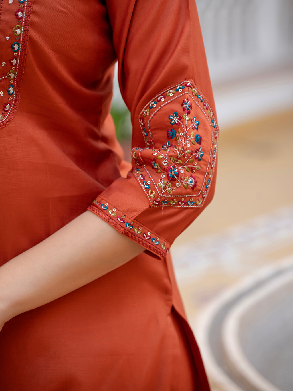 Elegant Straight Kurti Pant Dupatta Set of Rust
