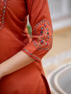 Elegant Straight Kurti Pant Dupatta Set of Rust