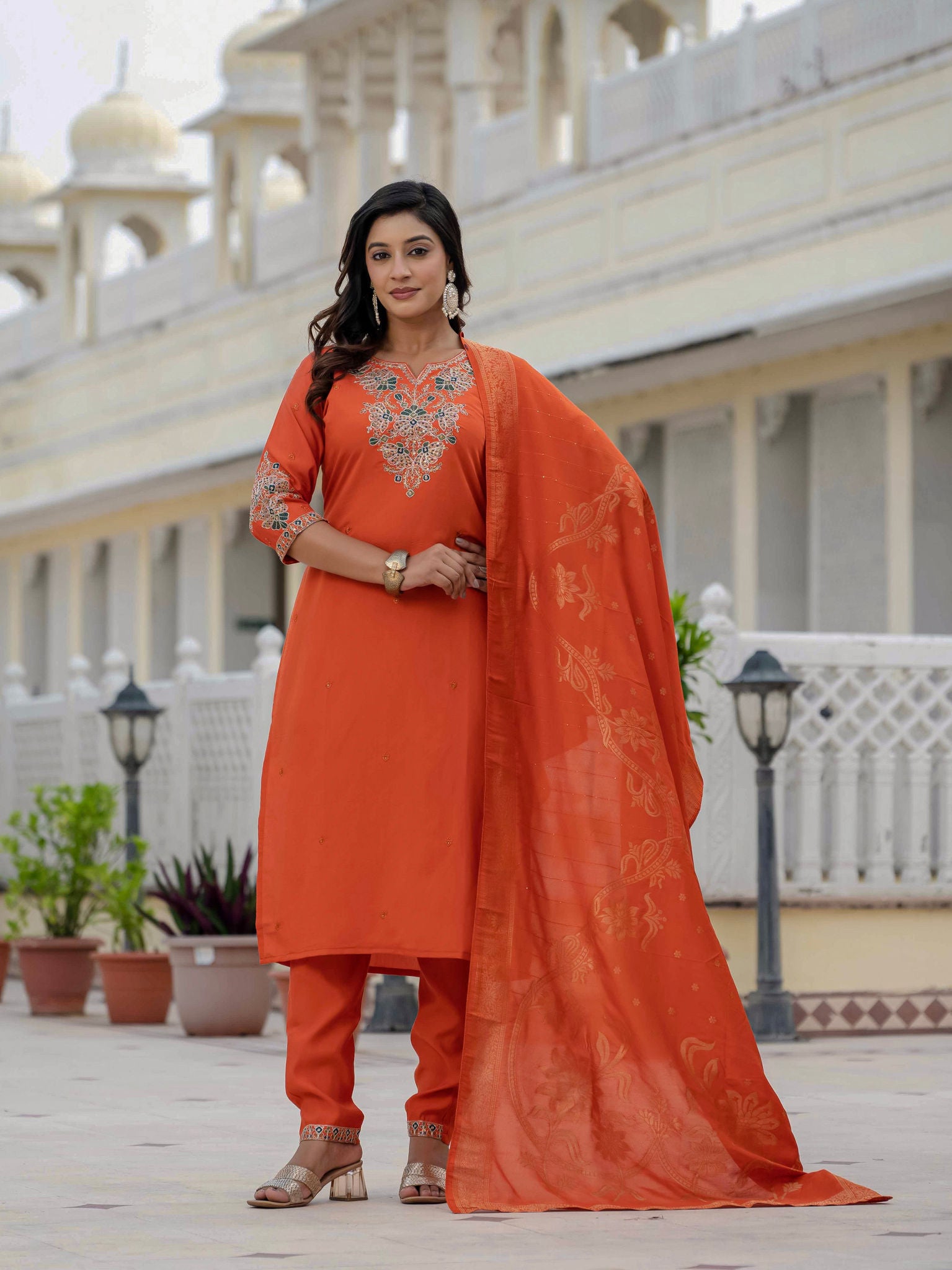 Elegant Straight Kurta Set KADV-121i- Orange Kalikar