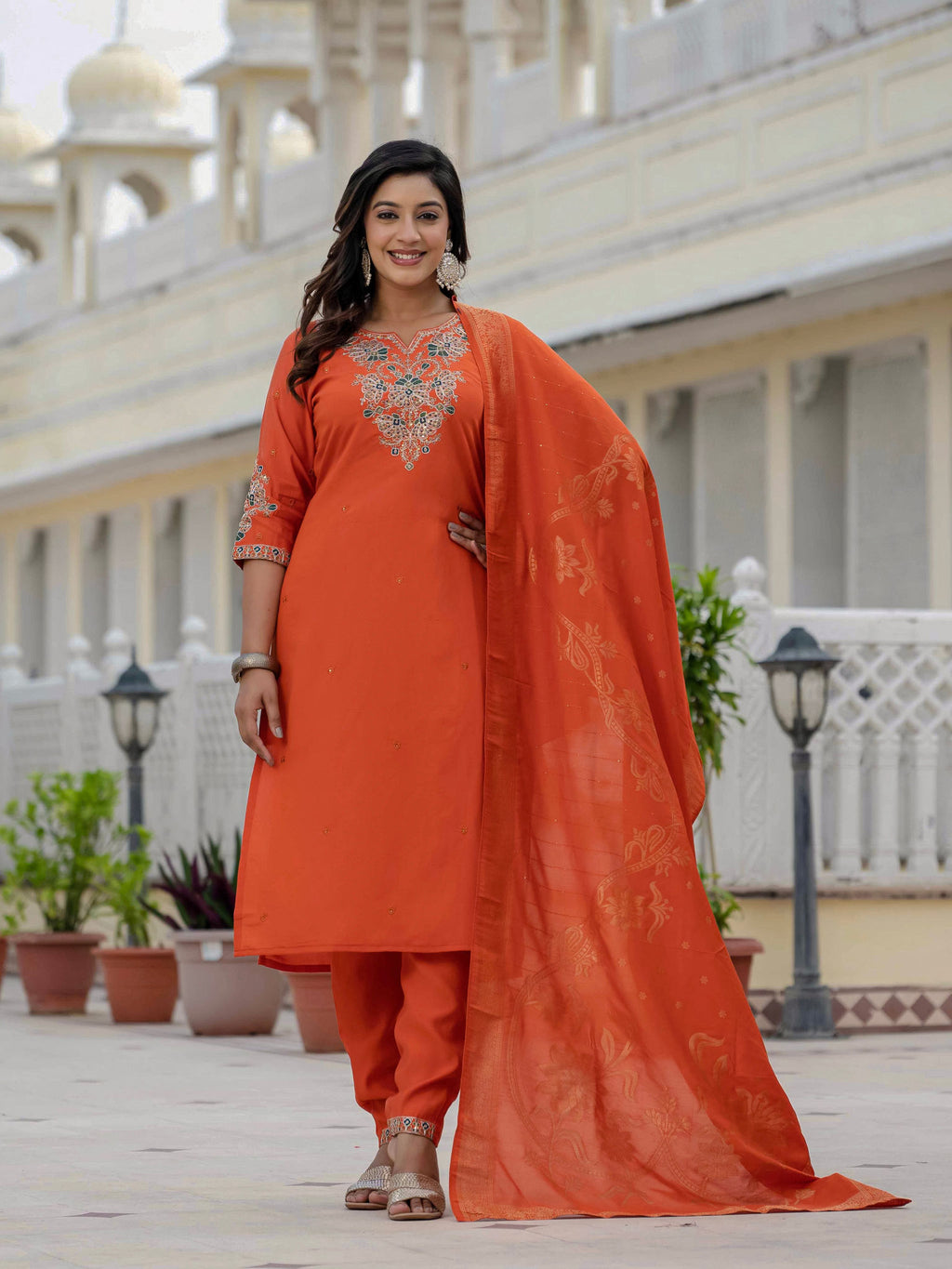 Elegant Straight Kurta Set KADV-121i- Orange Kalikar