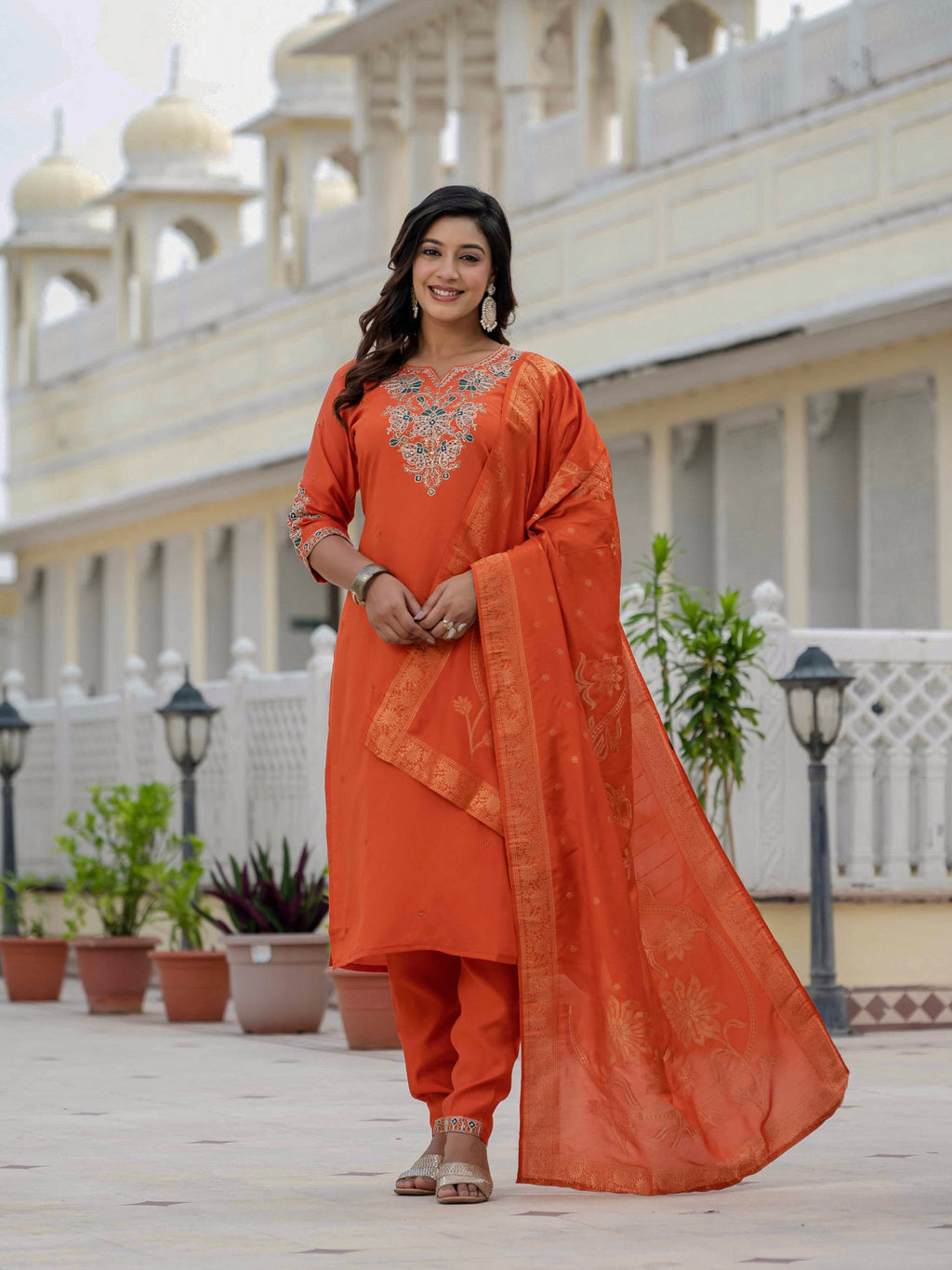 Elegant Straight Kurta Set KADV-121i- Orange Kalikar