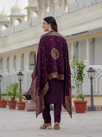 Elegant Straight Kurta Set KADV-125- Wine Kalikar