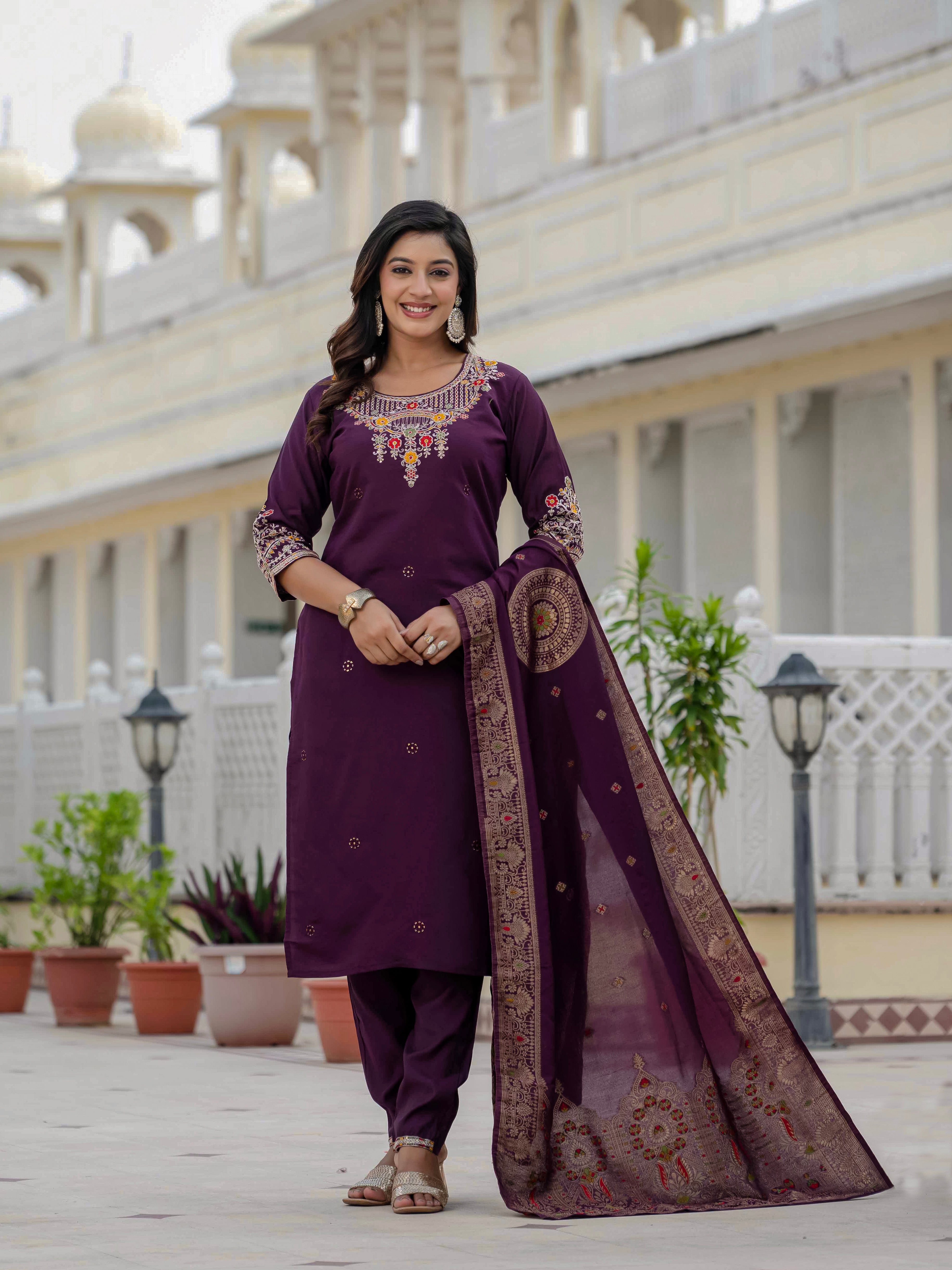 Elegant Straight Kurta Set KADV-125- Wine