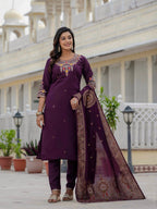 Elegant Straight Kurta Set KADV-125- Wine Kalikar