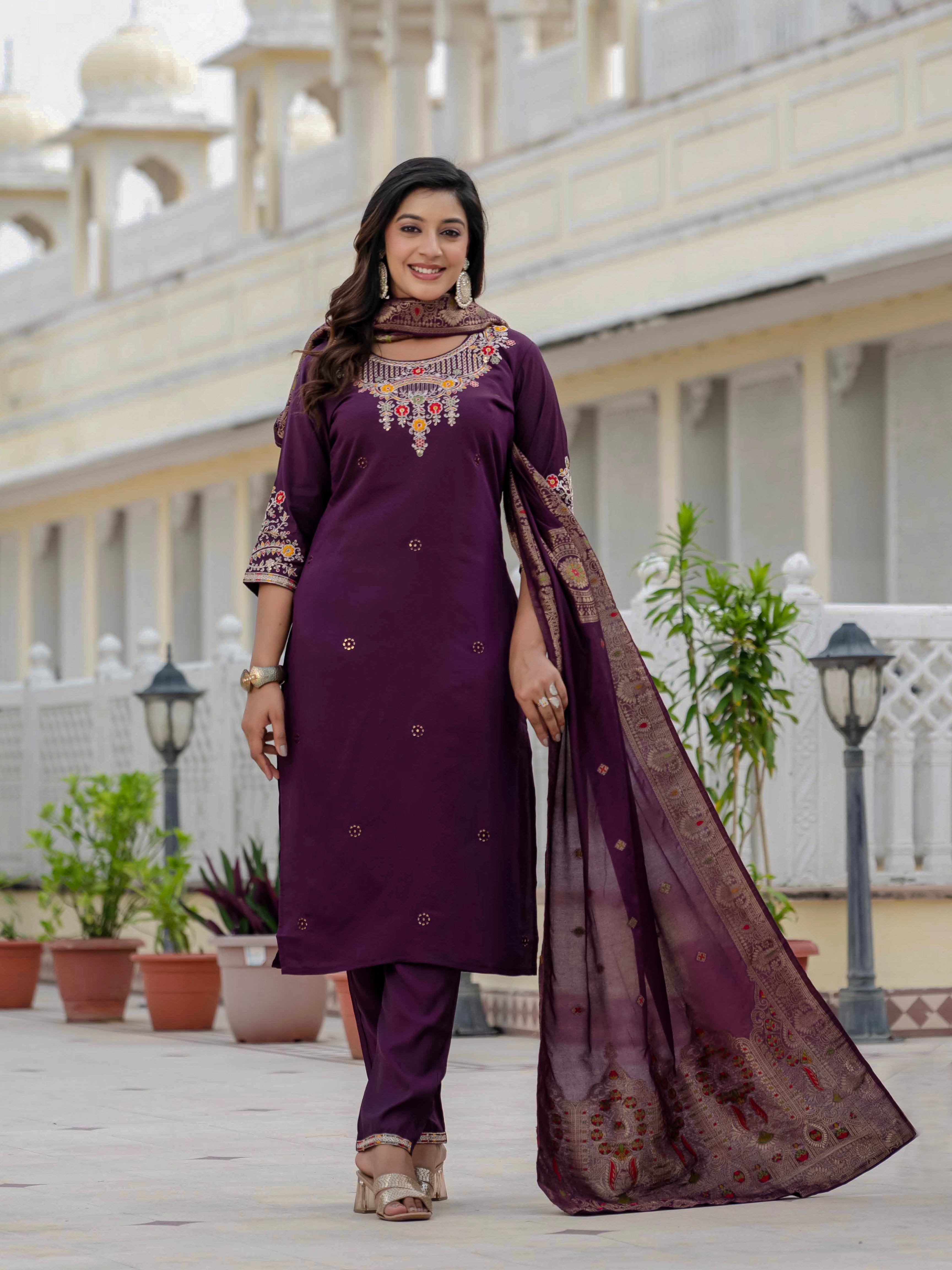 Elegant Straight Kurta Set KADV-125- Wine