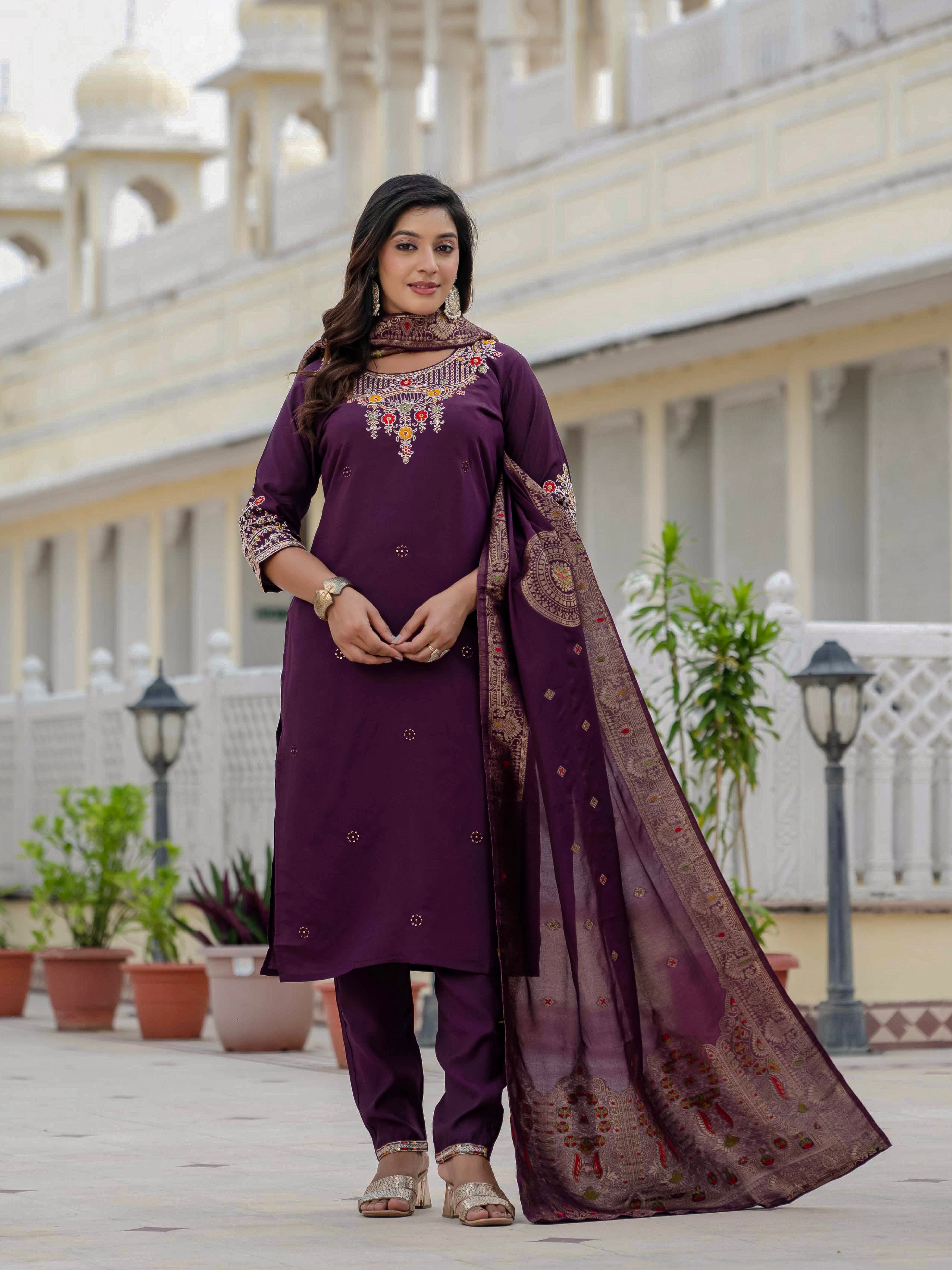 Elegant Straight Kurta Set KADV-125- Wine