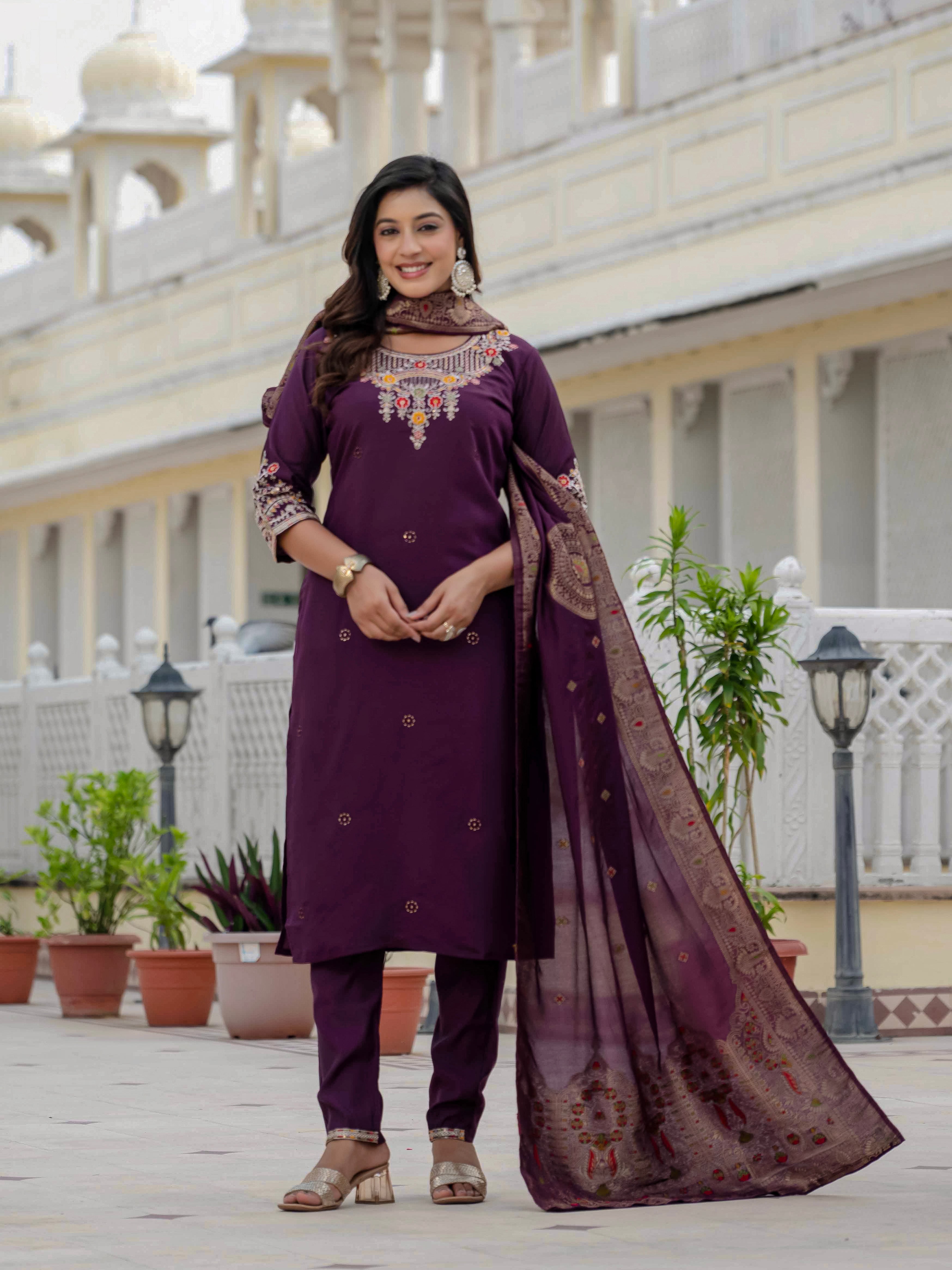 Elegant Straight Kurta Set KADV-125- Wine