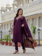 Elegant Straight Kurta Set KADV-125- Wine Kalikar