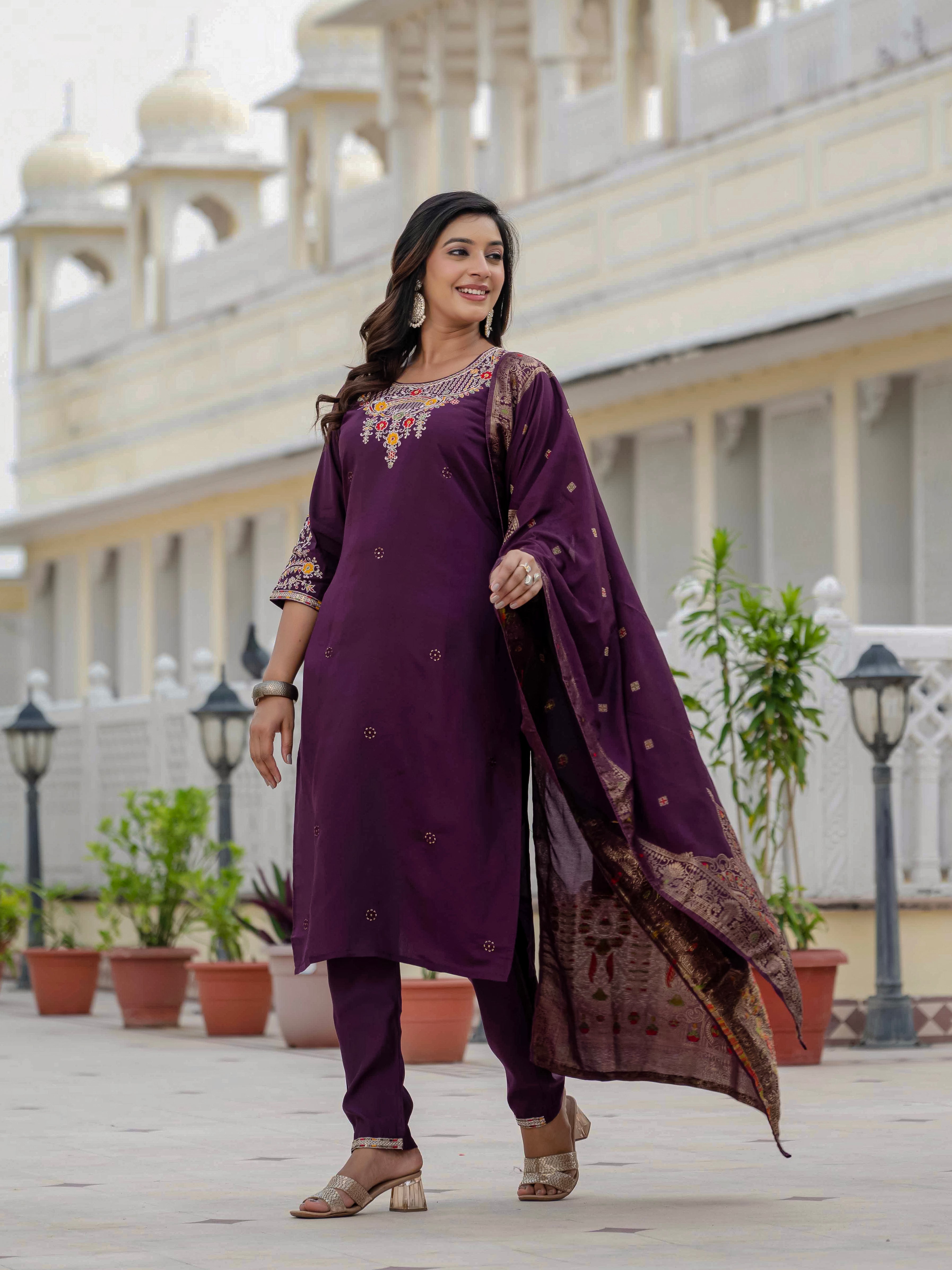 Elegant Straight Kurta Set KADV-125- Wine