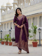 Elegant Straight Kurta Set KADV-125- Wine Kalikar