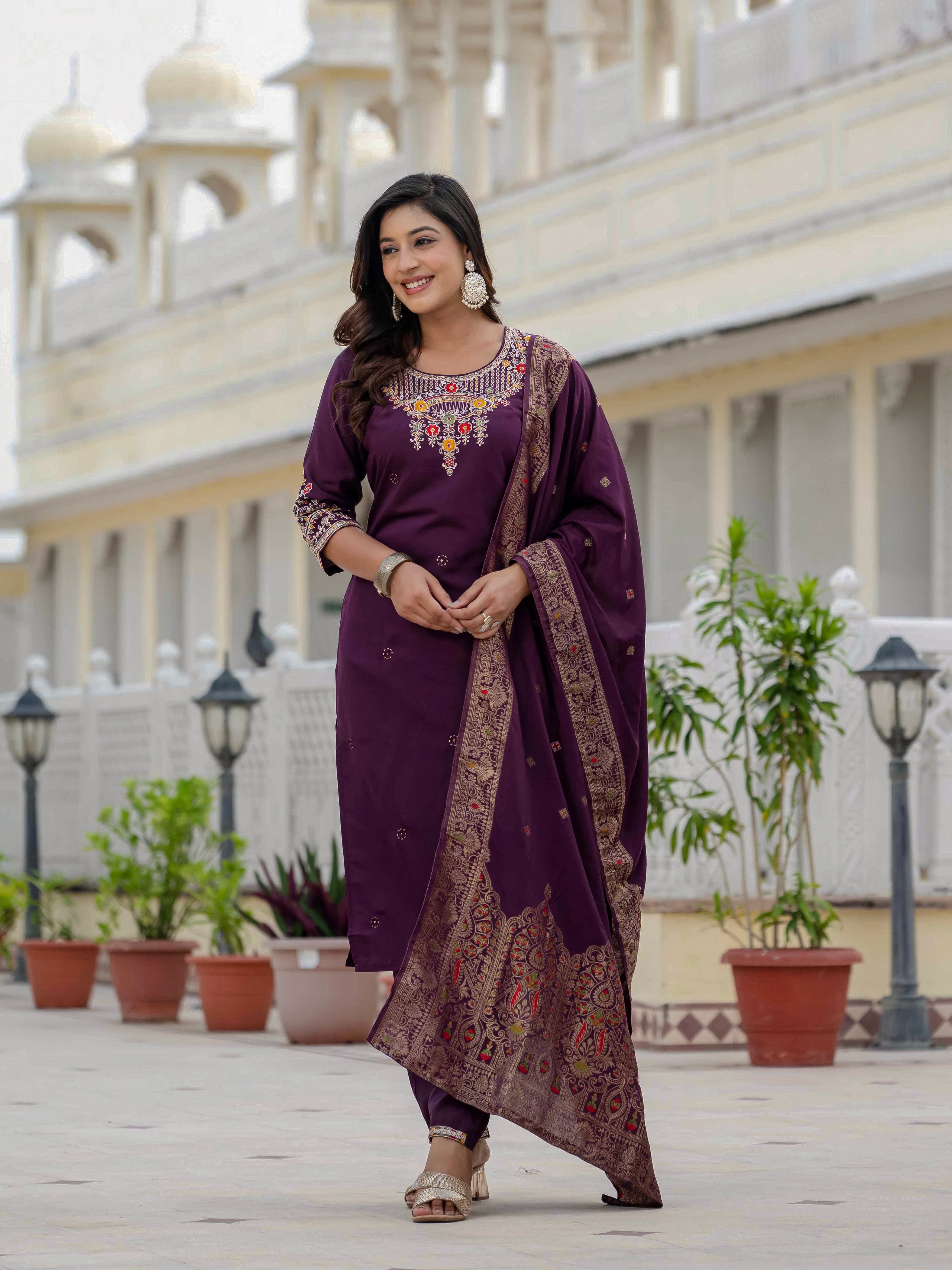 Elegant Straight Kurta Set KADV-125- Wine