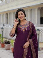Elegant Straight Kurta Set KADV-125- Wine Kalikar