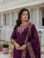 Elegant Straight Kurta Set KADV-125- Wine Kalikar