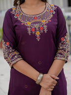 Elegant Straight Kurta Set KADV-125- Wine Kalikar