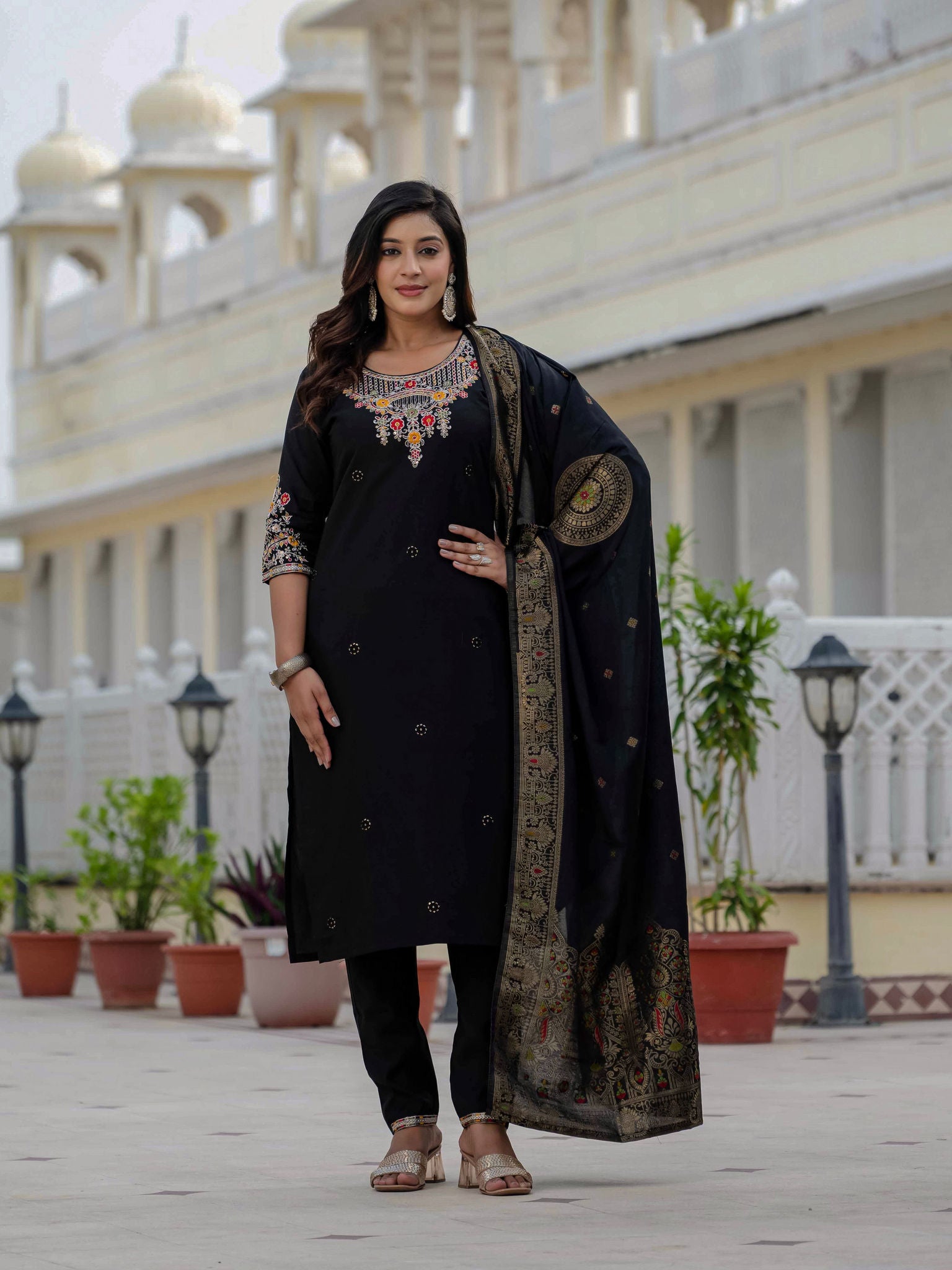 Elegant Straight Kurta Set KADV-125- Black Kalikar