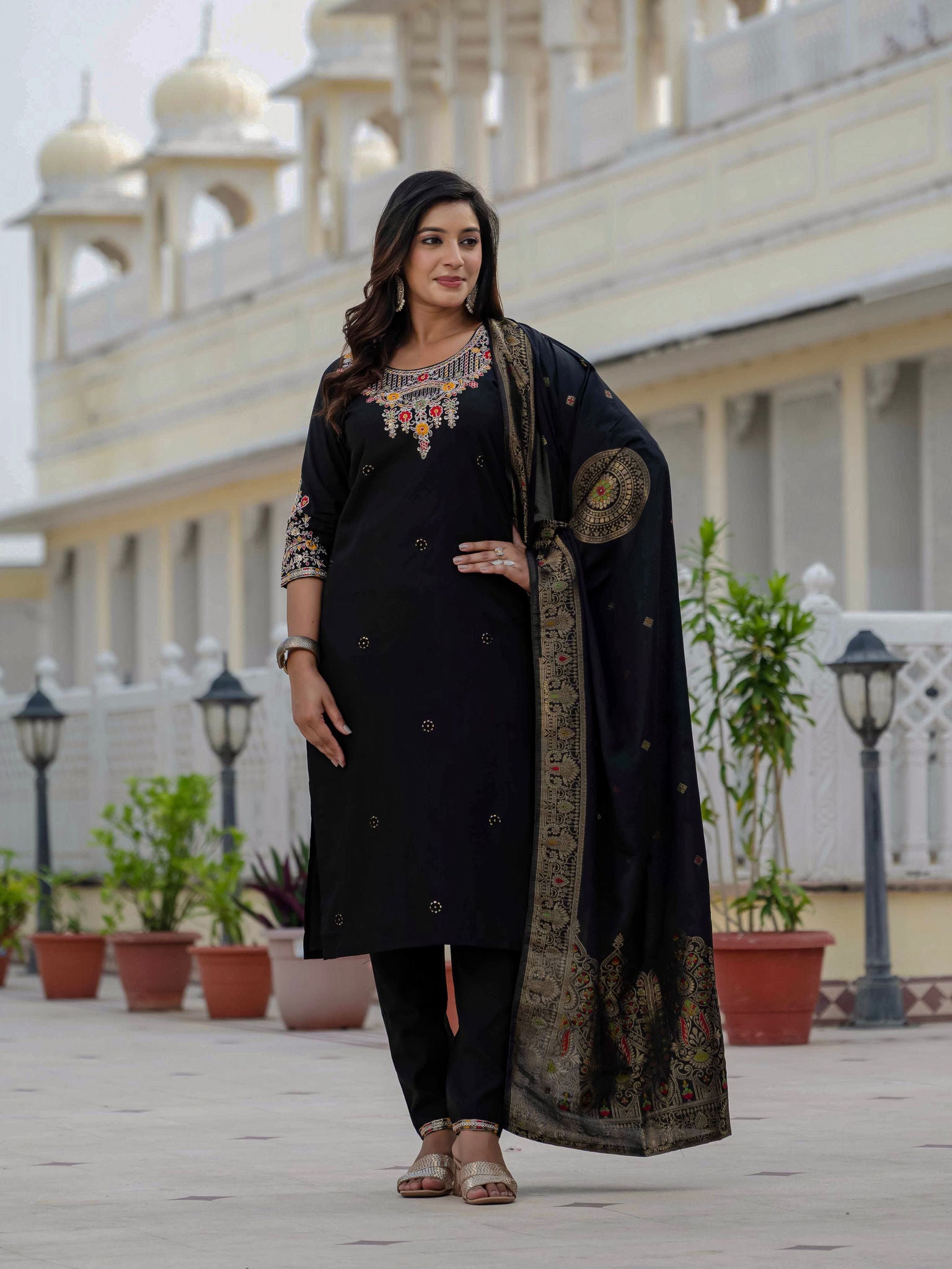 Elegant Straight Kurta Set KADV-125- Black Kalikar