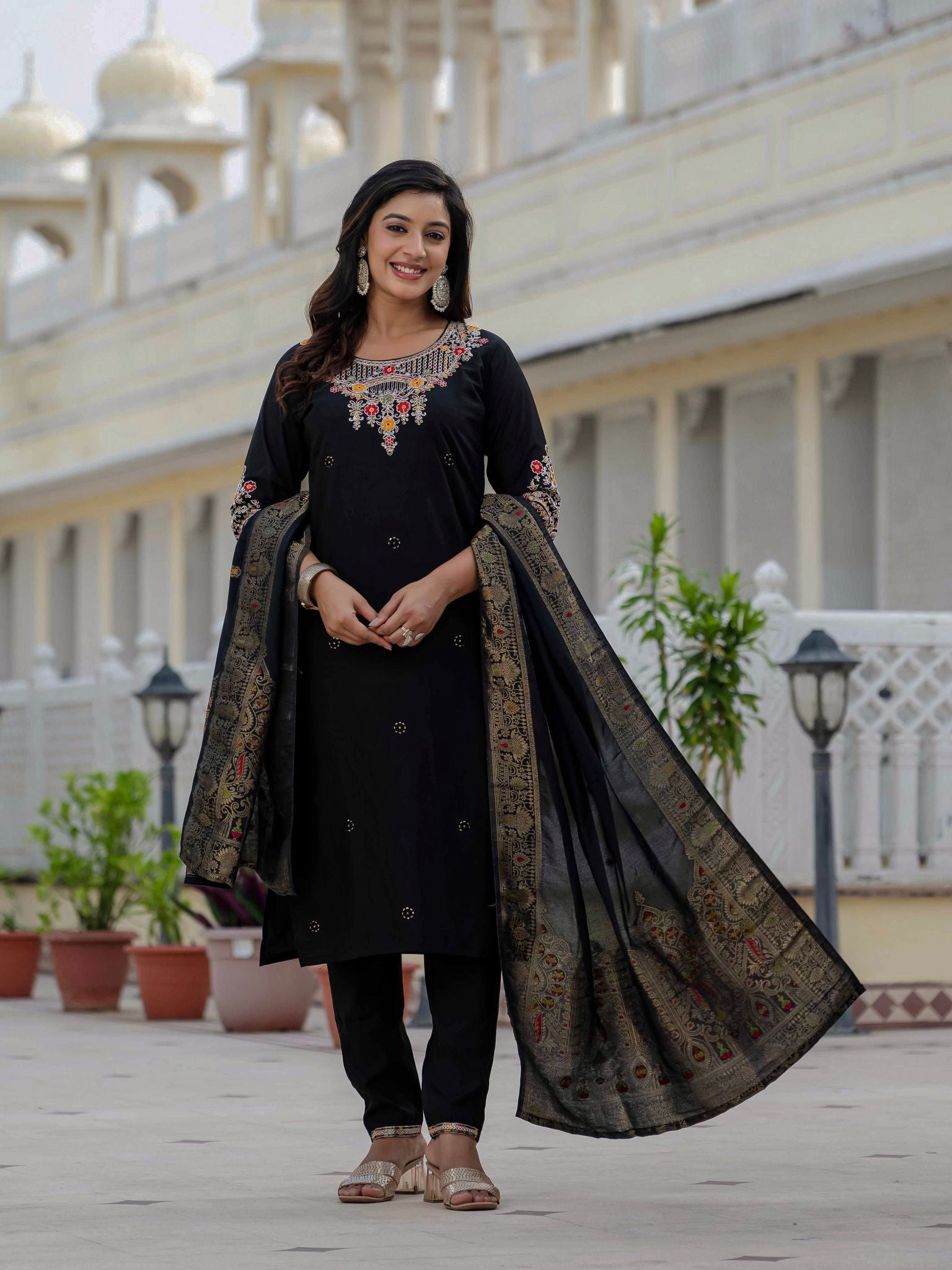 Elegant Straight Kurta Set KADV-125- Black Kalikar