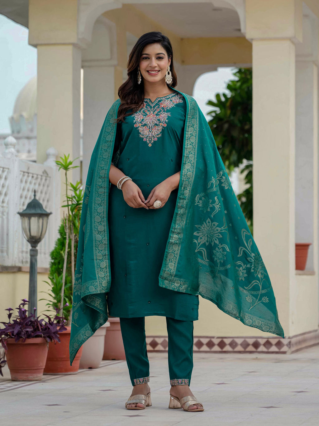 Elegant Straight Kurta Set KADV-121i- Rama Green Kalikar
