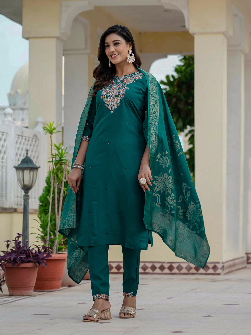 Elegant Straight Kurta Set KADV-121i- Rama Green Kalikar