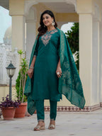 Elegant Straight Kurta Set KADV-121i- Rama Green Kalikar