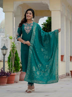 Elegant Straight Kurta Set KADV-121i- Rama Green Kalikar