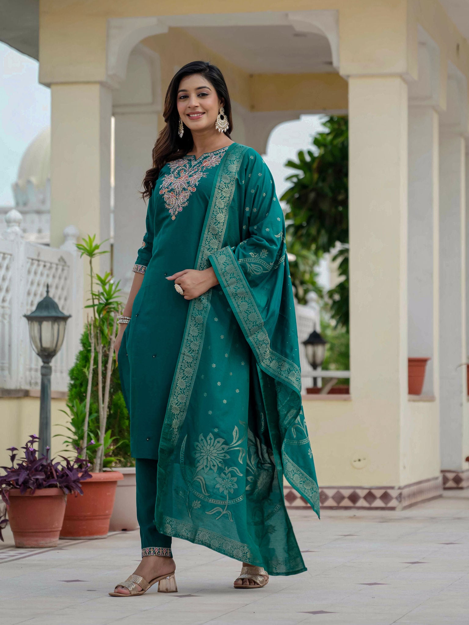 Elegant Straight Kurta Set KADV-121i- Rama Green Kalikar