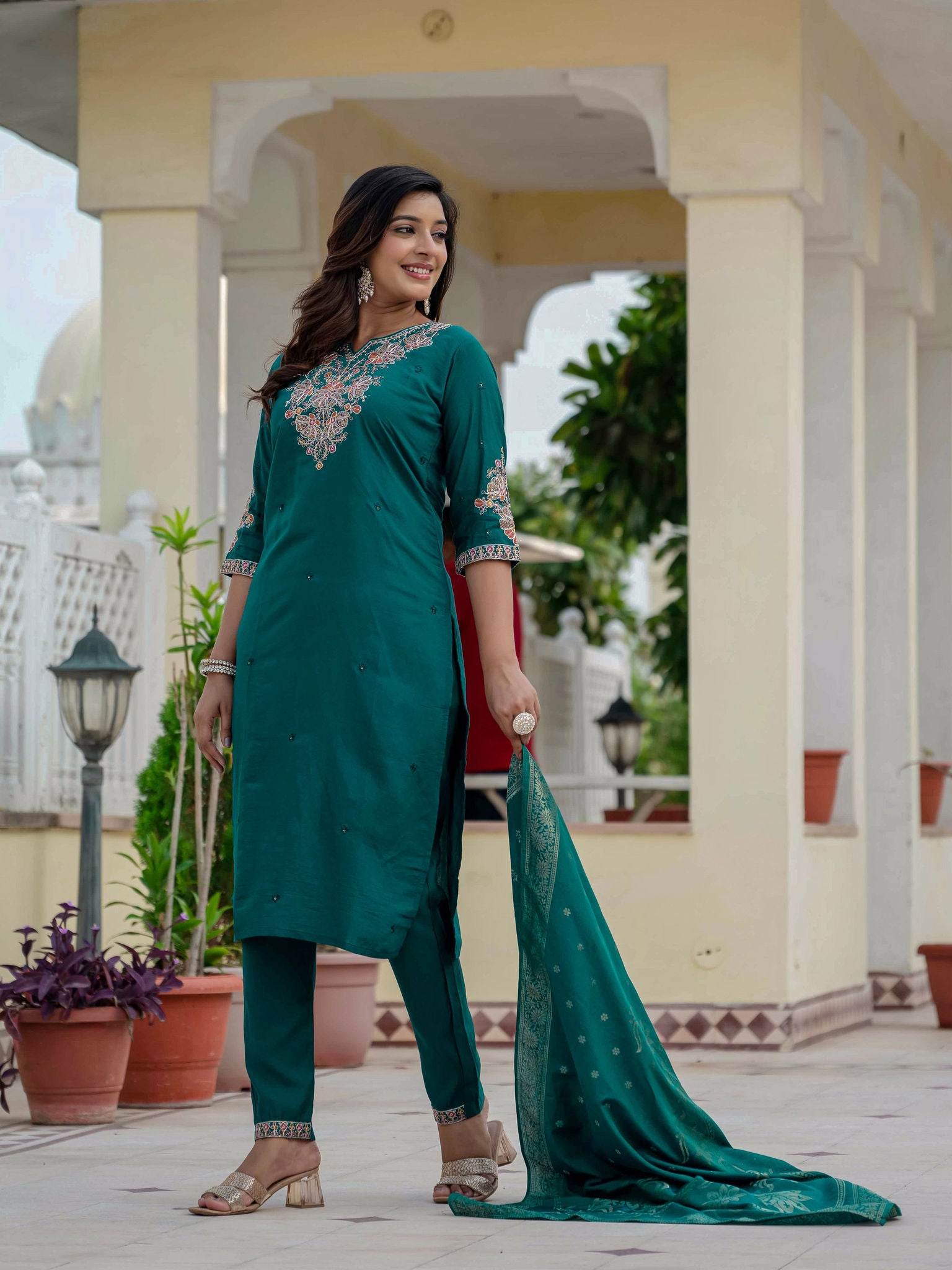 Elegant Straight Kurta Set KADV-121i- Rama Green Kalikar