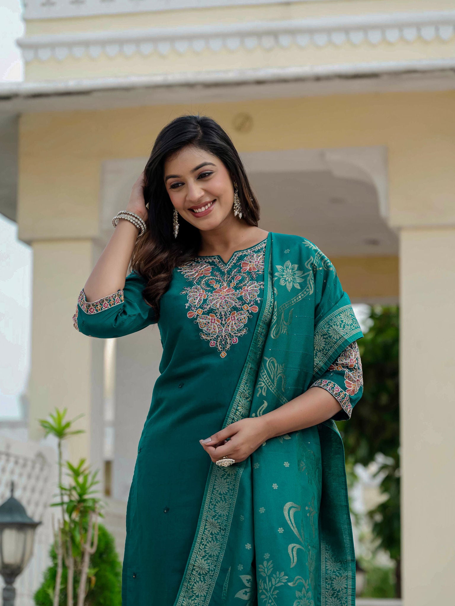 Elegant Straight Kurta Set KADV-121i- Rama Green Kalikar