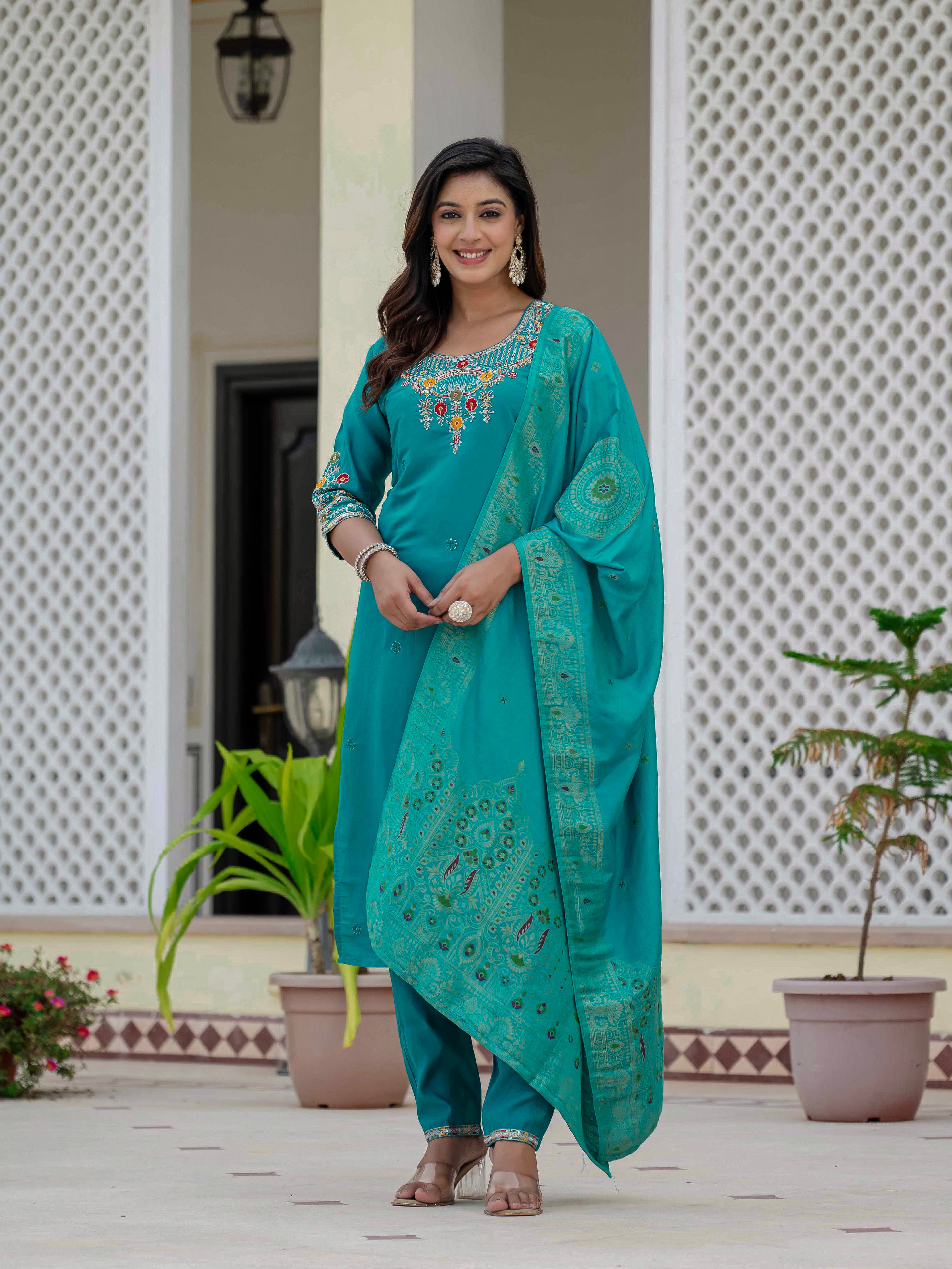 Elegant Straight Kurta Set KADV-125- Firozi