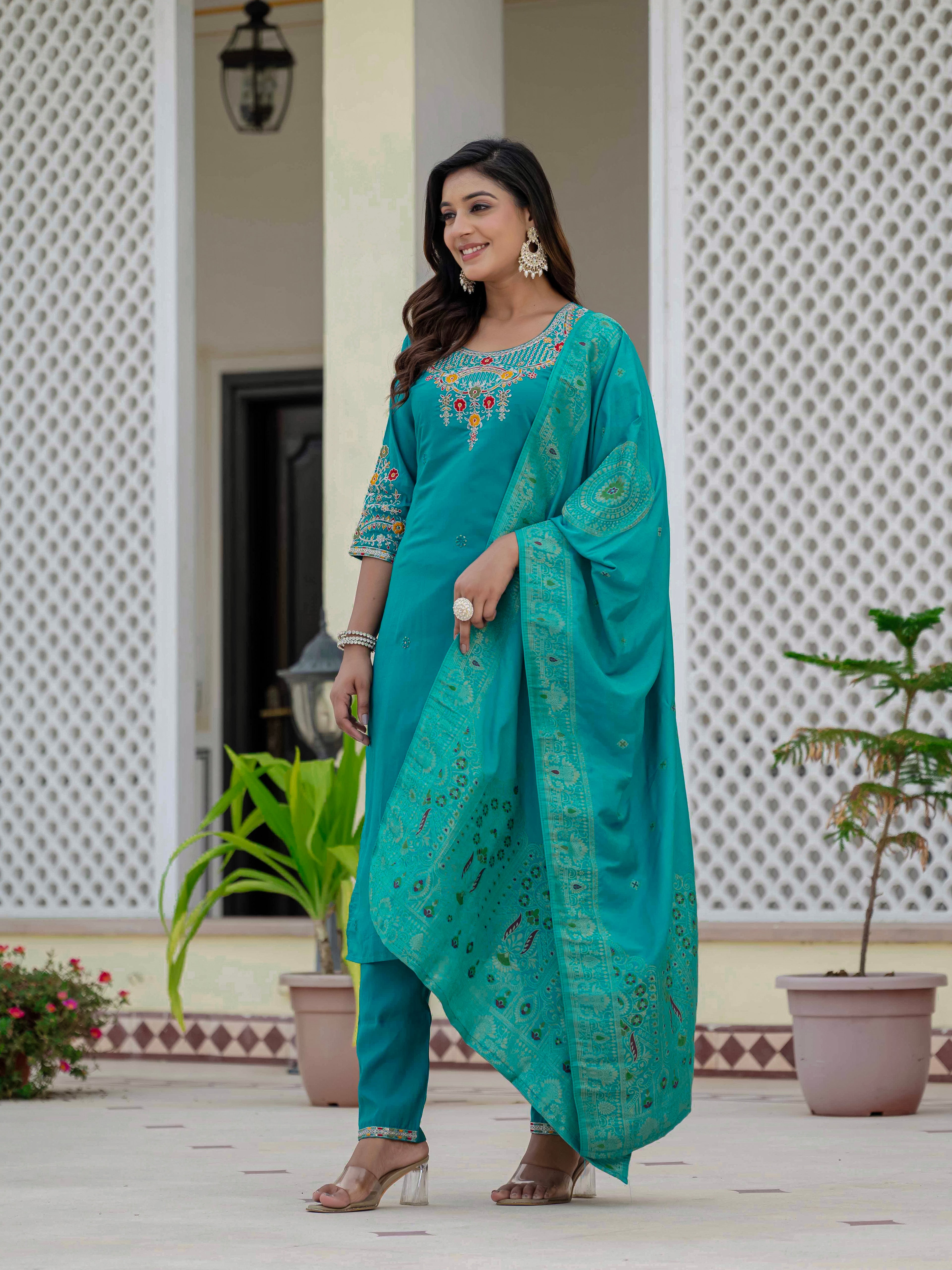 Elegant Straight Kurta Set KADV-125- Firozi