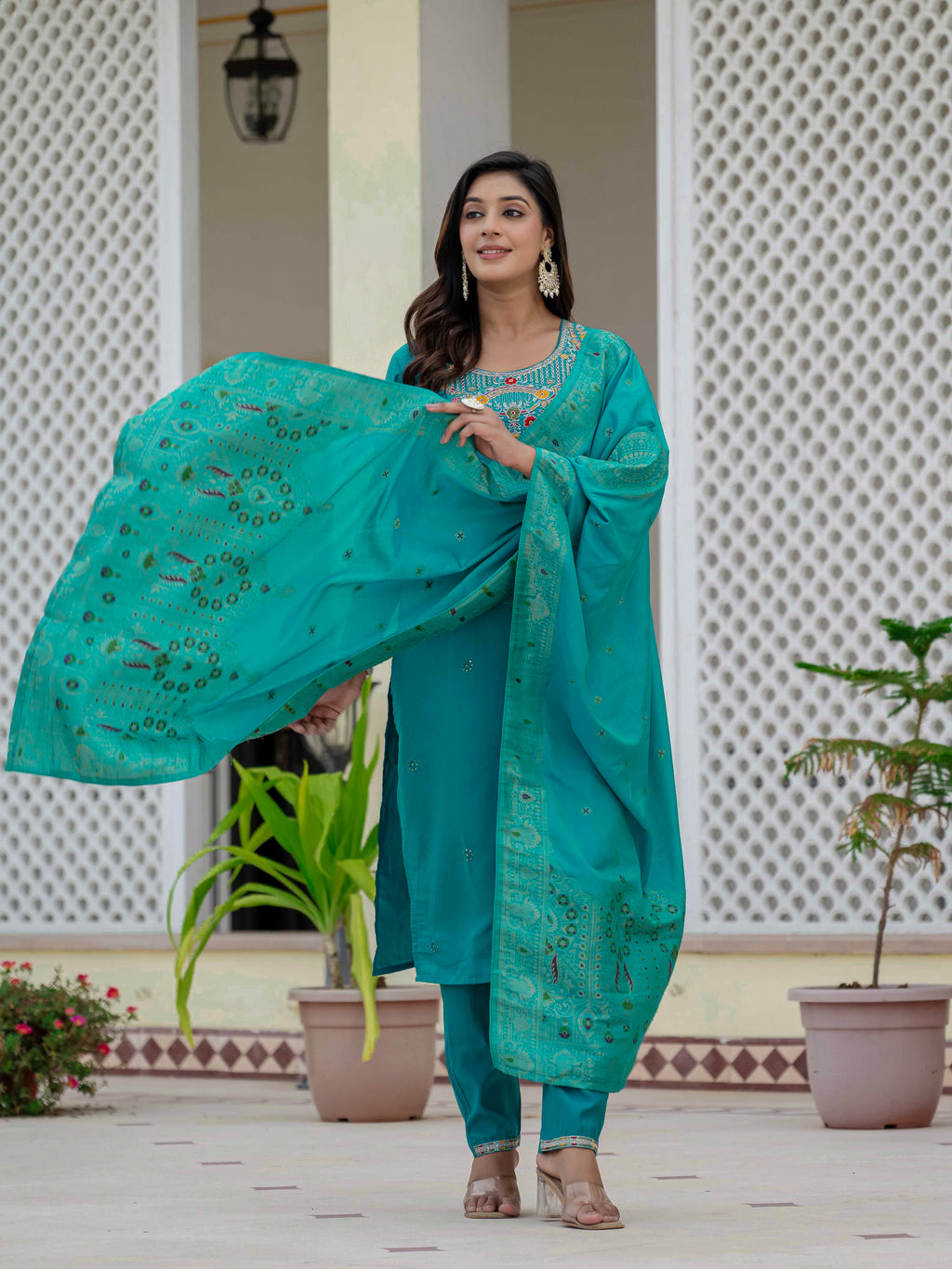 Elegant Straight Kurta Set KADV-125- Firozi