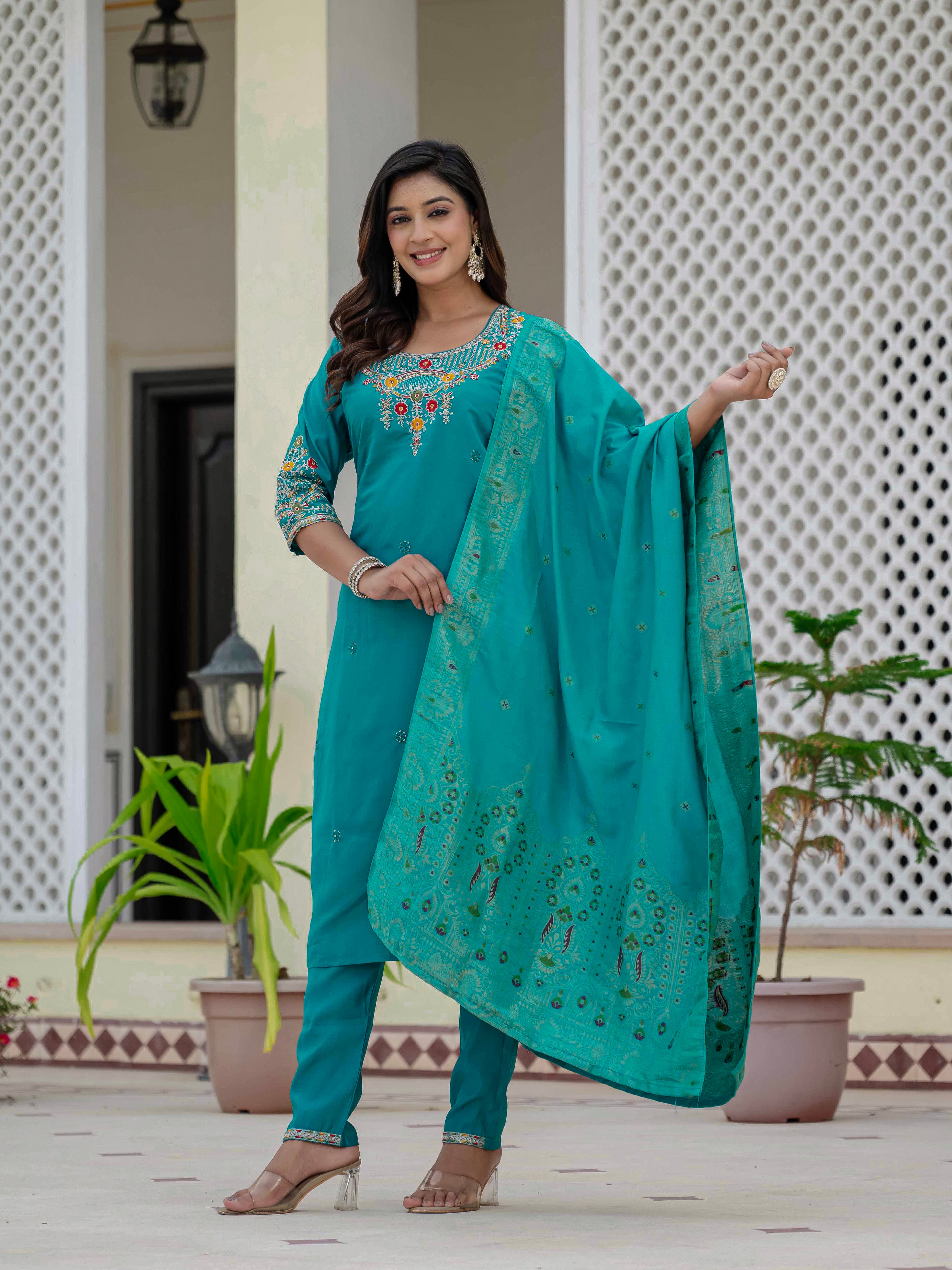 Elegant Straight Kurta Set KADV-125- Firozi