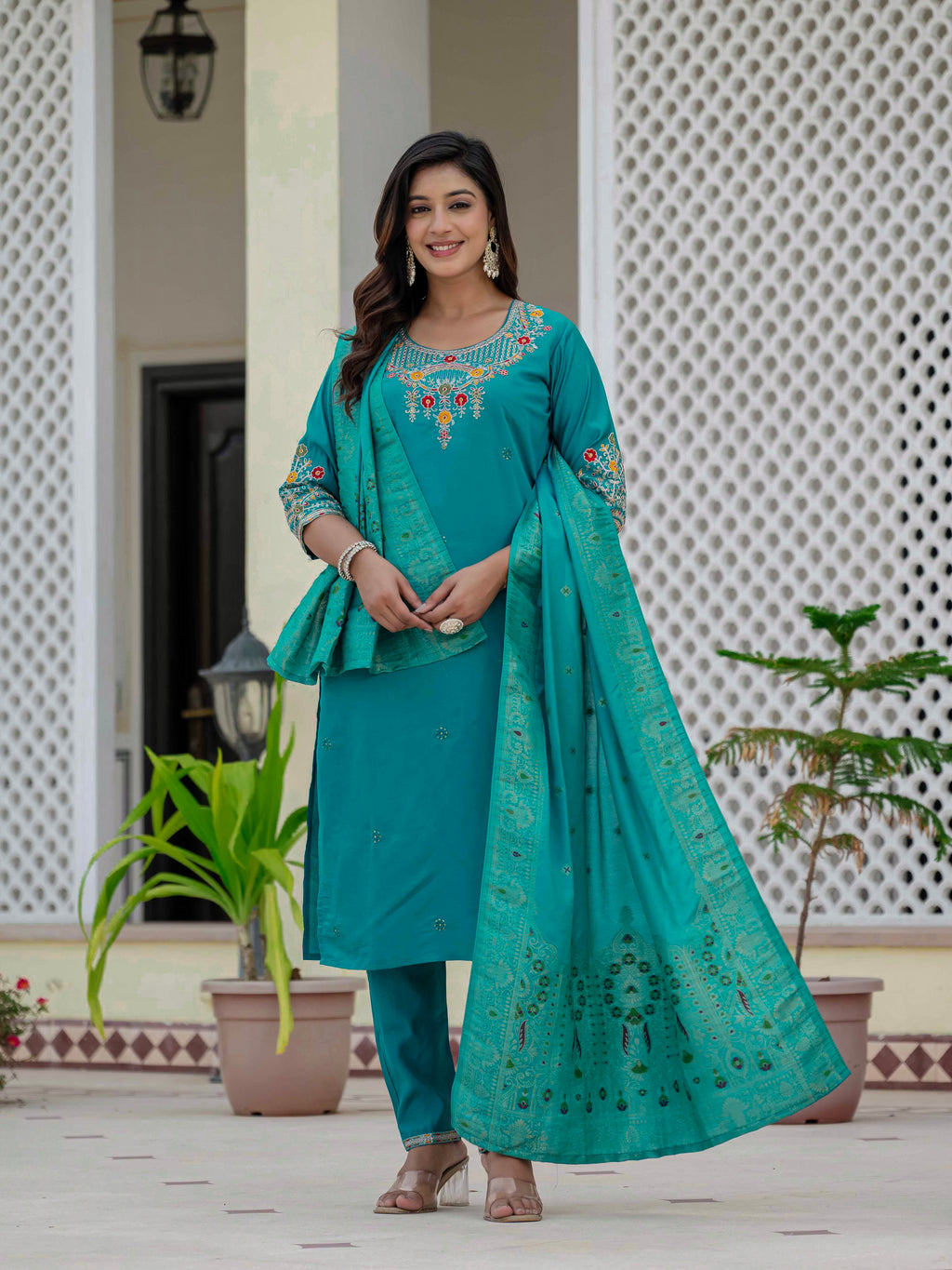 Elegant Straight Kurta Set KADV-125- Firozi