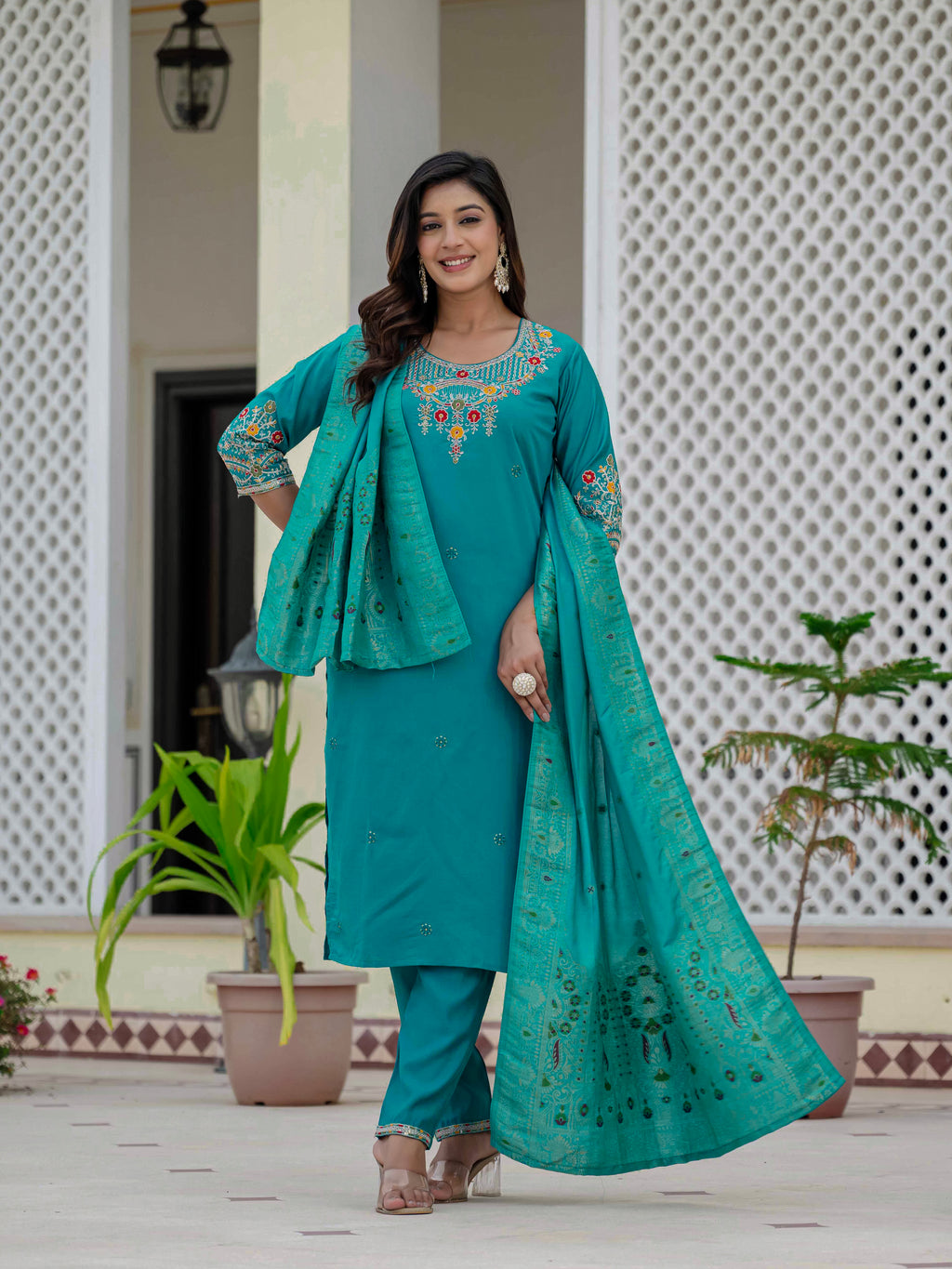 Elegant Straight Kurta Set KADV-125- Firozi
