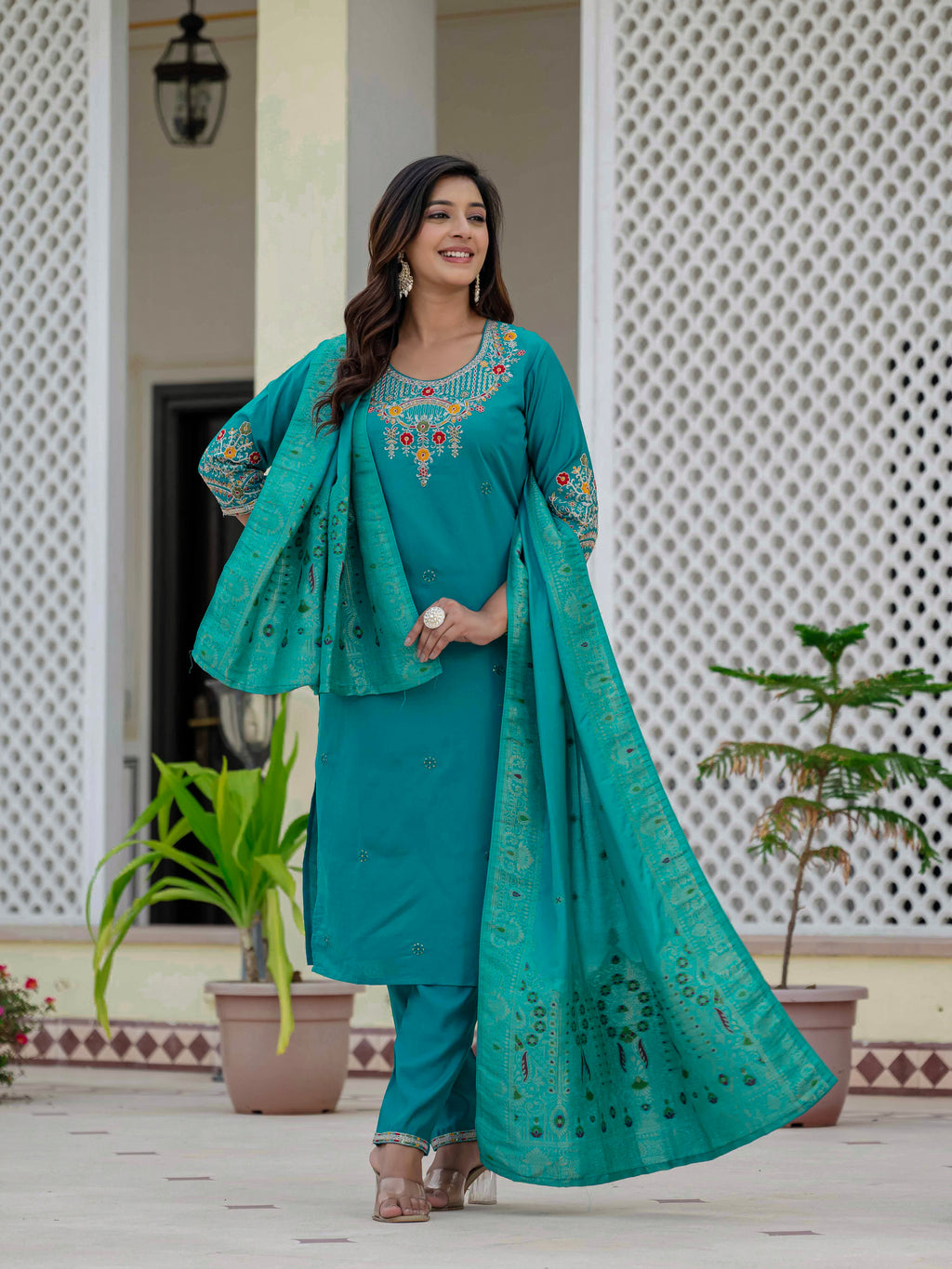 Elegant Straight Kurta Set KADV-125- Firozi
