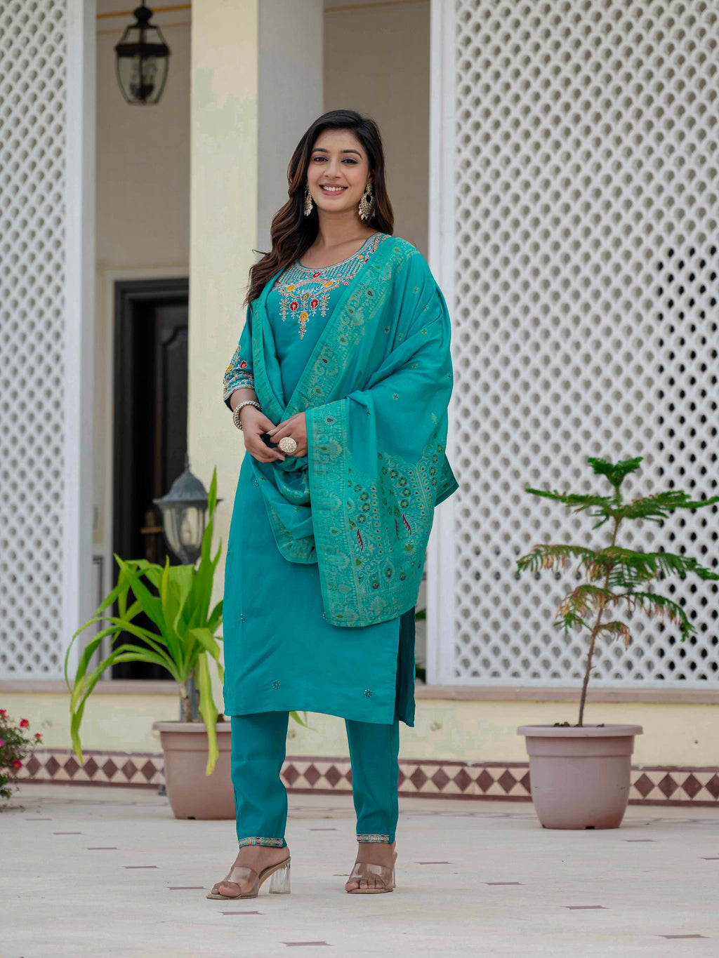 Elegant Straight Kurta Set KADV-125- Firozi