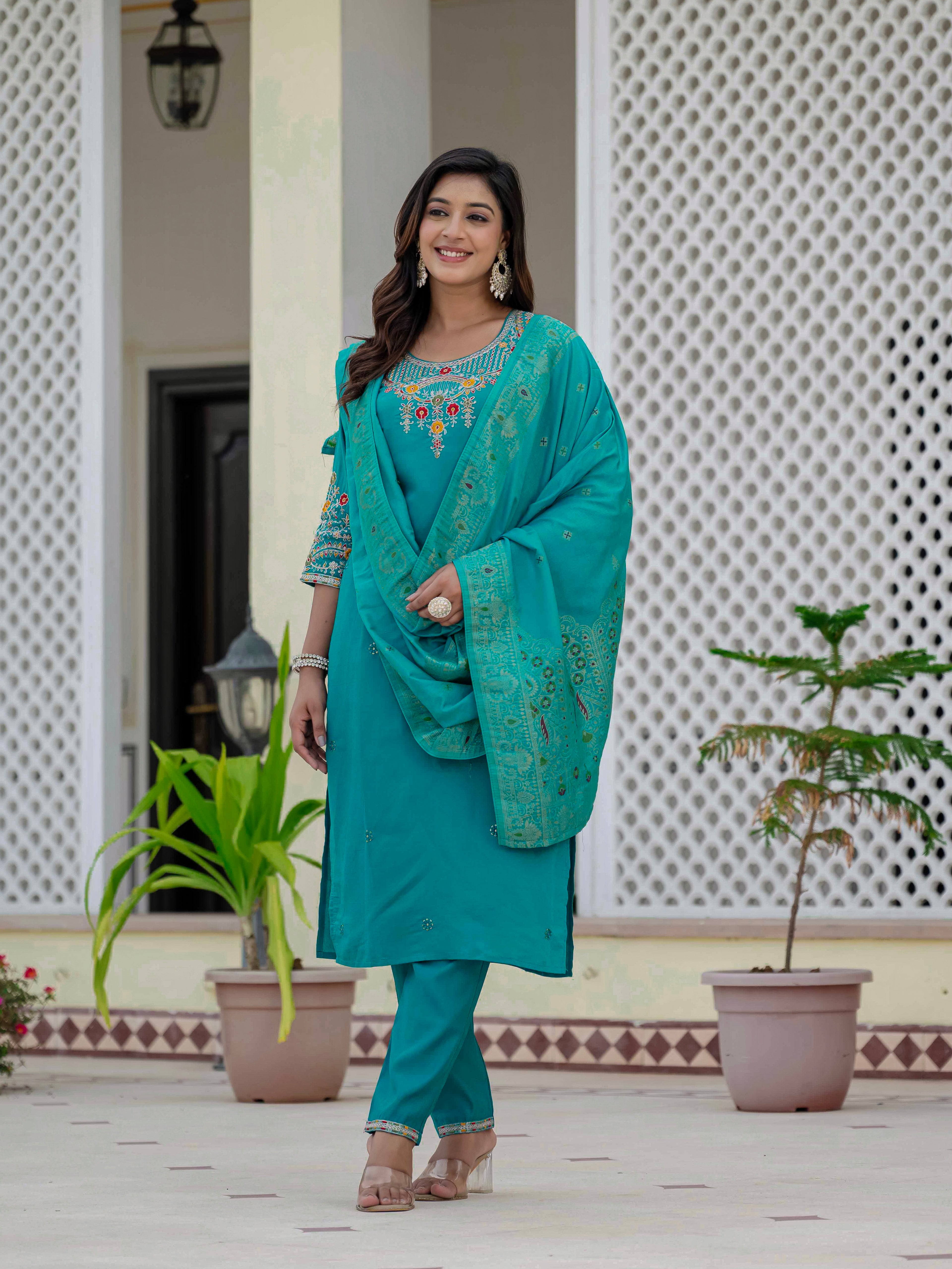 Elegant Straight Kurta Set KADV-125- Firozi