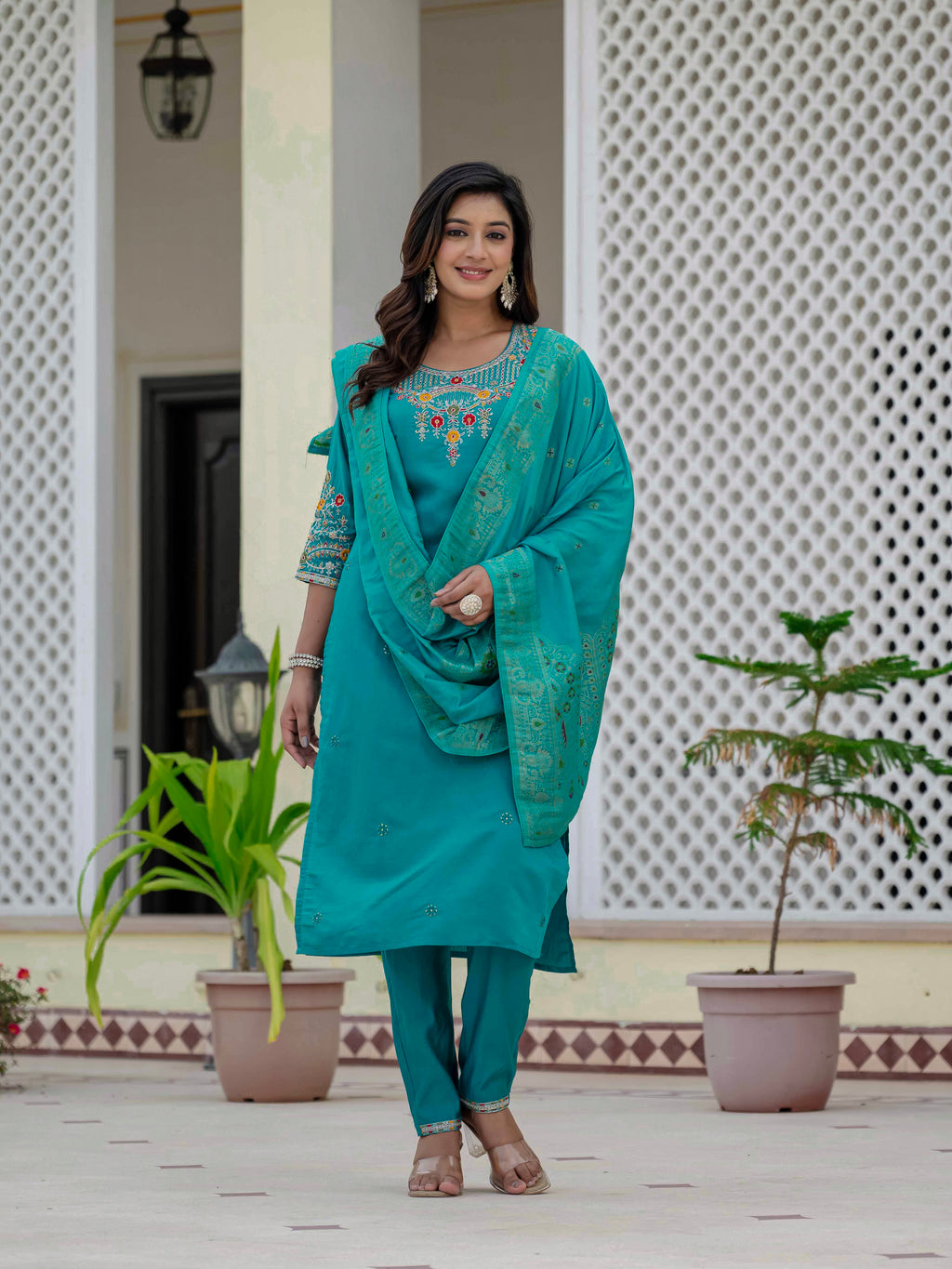 Elegant Straight Kurta Set KADV-125- Firozi