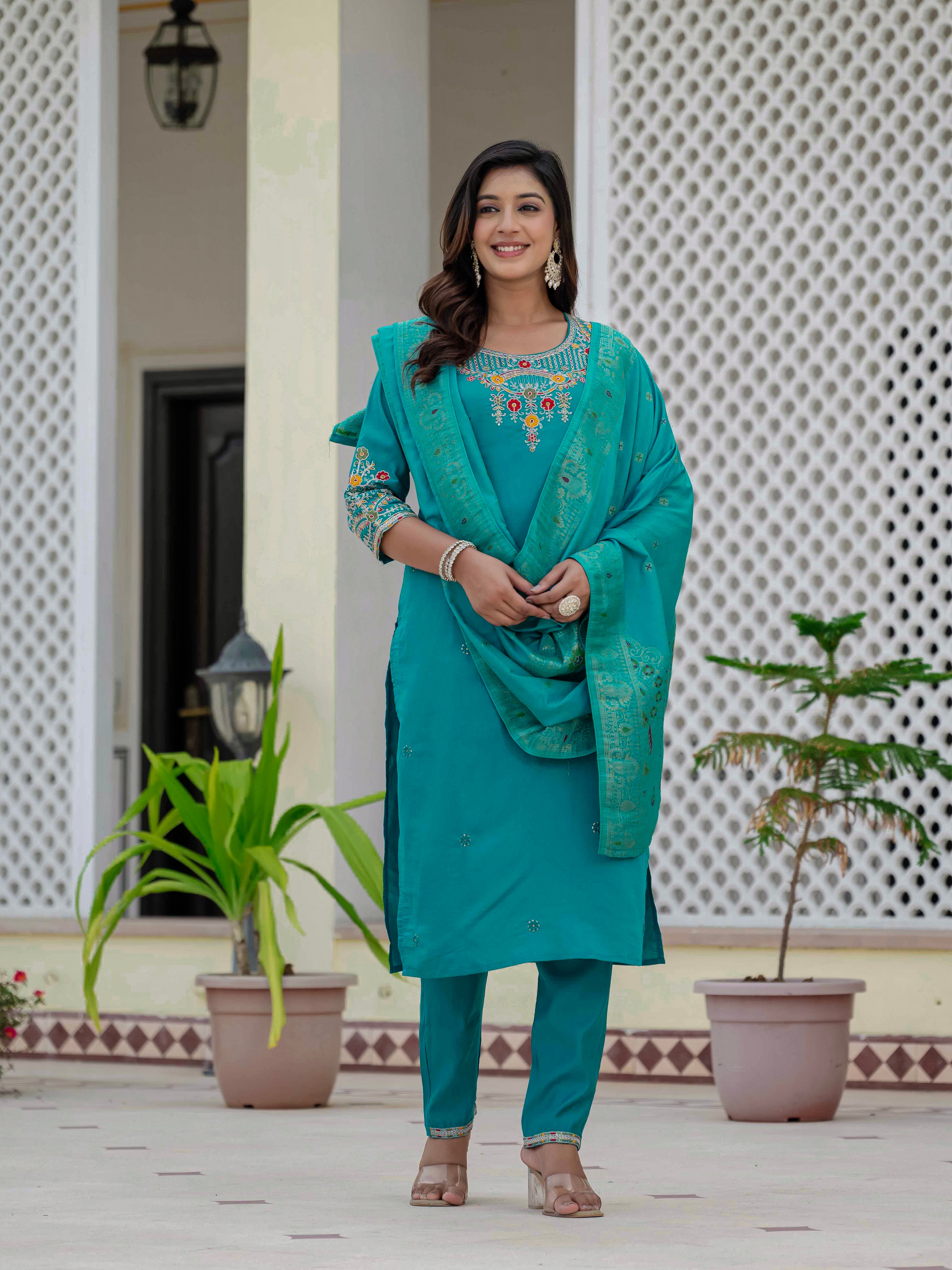 Elegant Straight Kurta Set KADV-125- Firozi