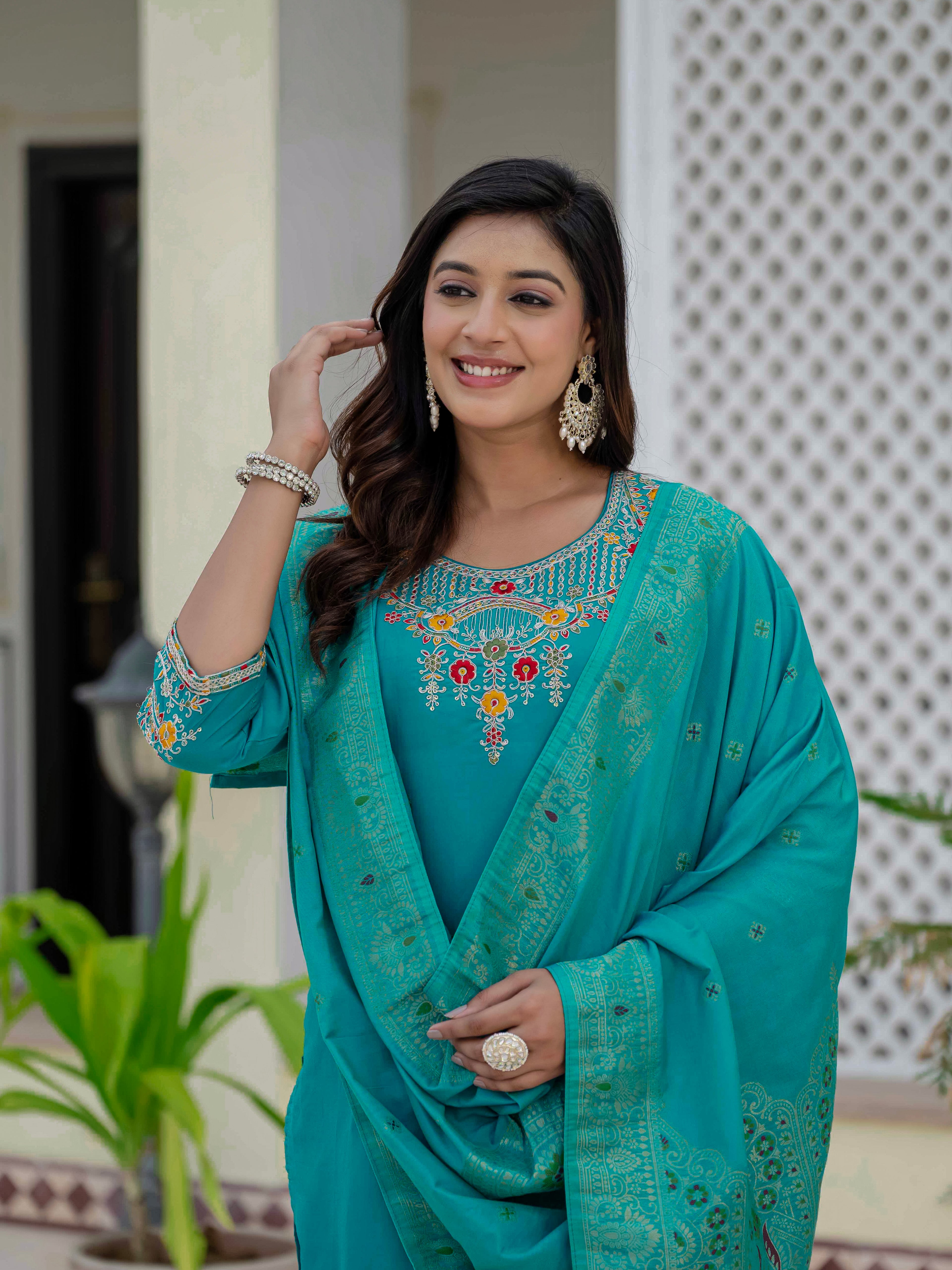 Elegant Straight Kurta Set KADV-125- Firozi