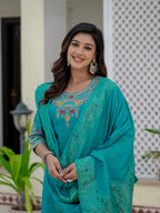 Elegant Straight Kurta Set KADV-125- Firozi Kalikar