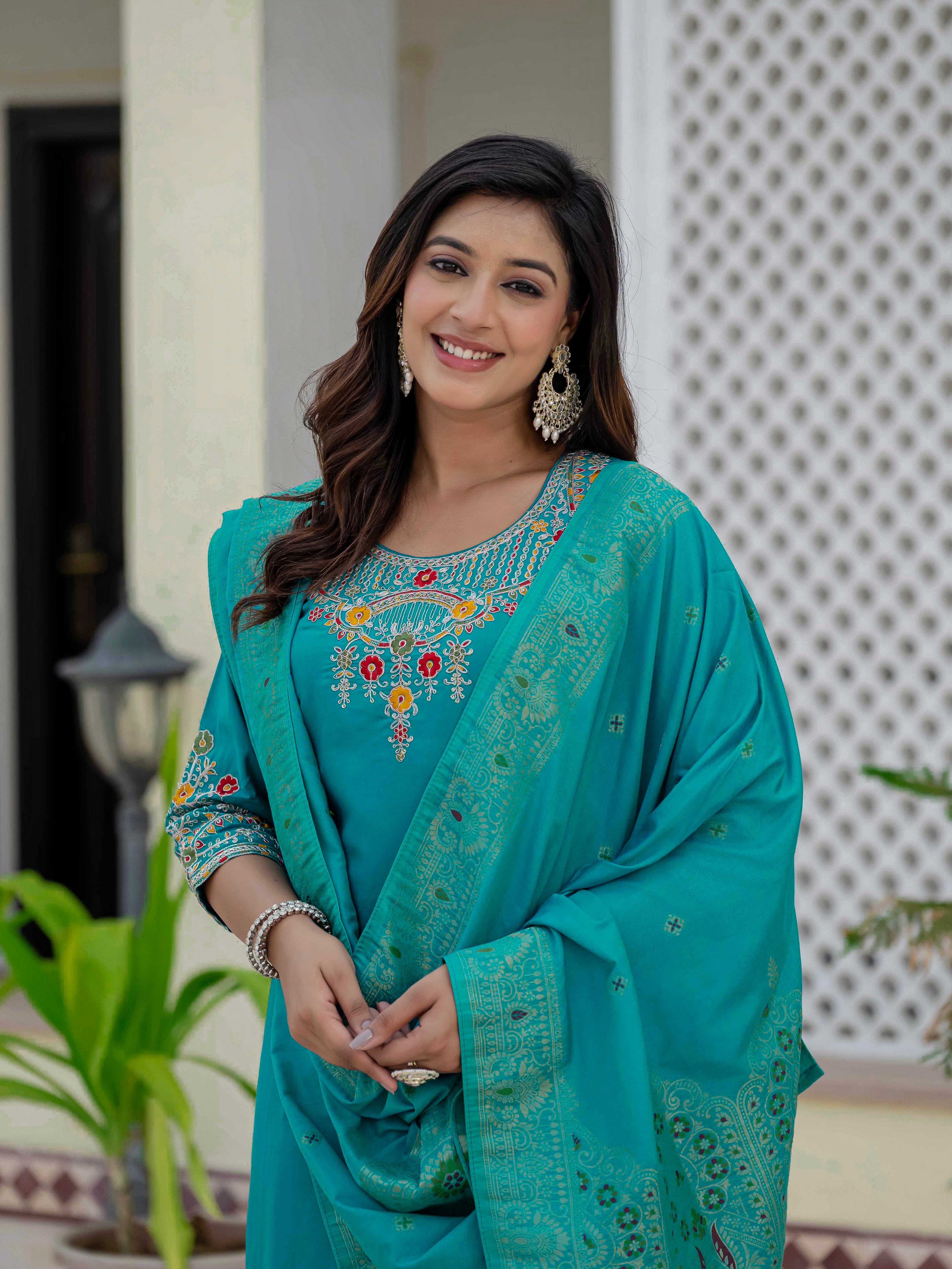 Elegant Straight Kurta Set KADV-125- Firozi