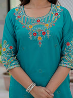 Elegant Straight Kurta Set KADV-125- Firozi Kalikar