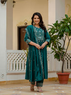 Elegant Straight Kurti Pant Dupatta Set of Teal