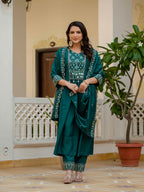 Elegant Straight Kurti Pant Dupatta Set of Teal