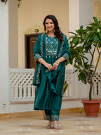 Elegant Straight Kurti Pant Dupatta Set of Teal